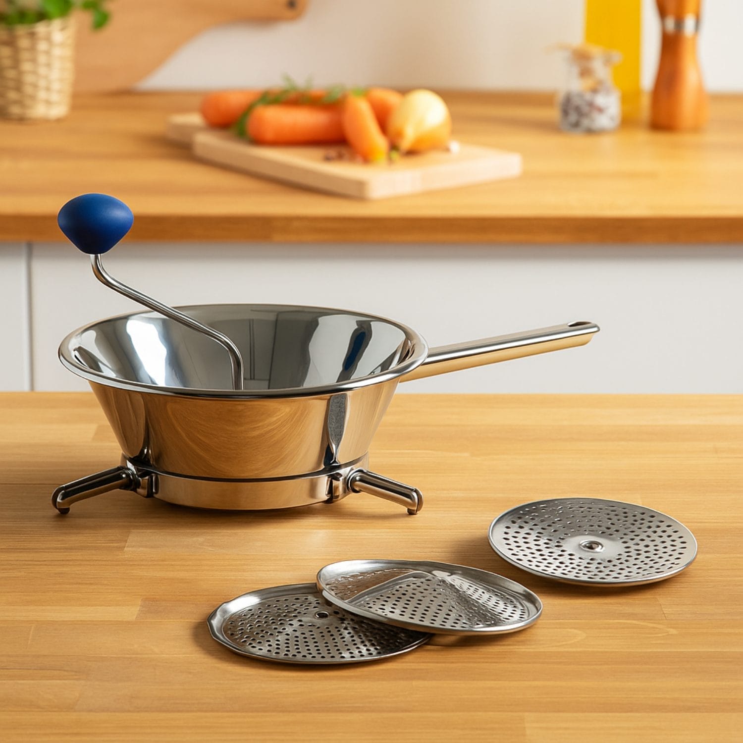 Passaverdure manuale in acciaio su piano cucina