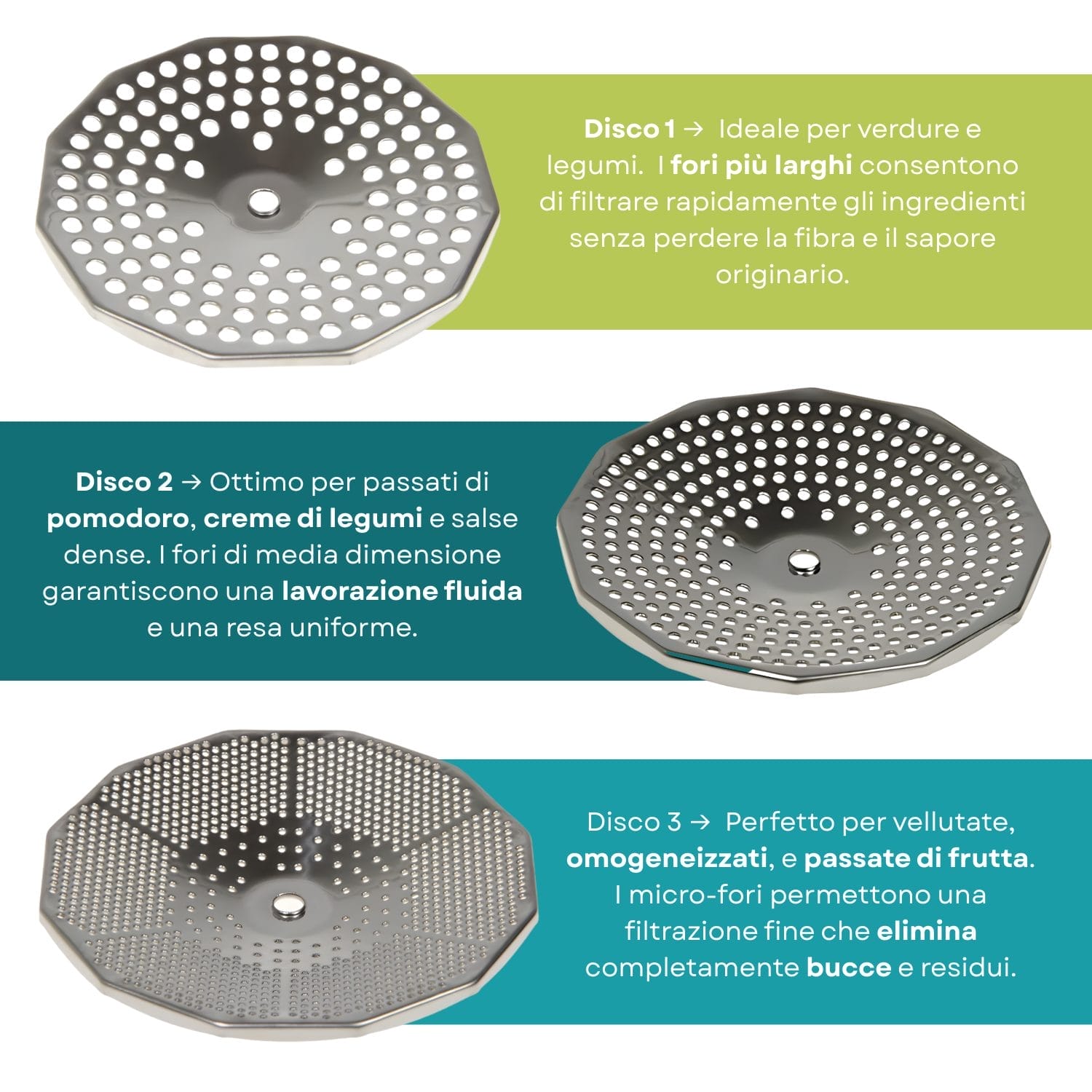 Dischi passaverdure in acciaio con fori di diverse misure