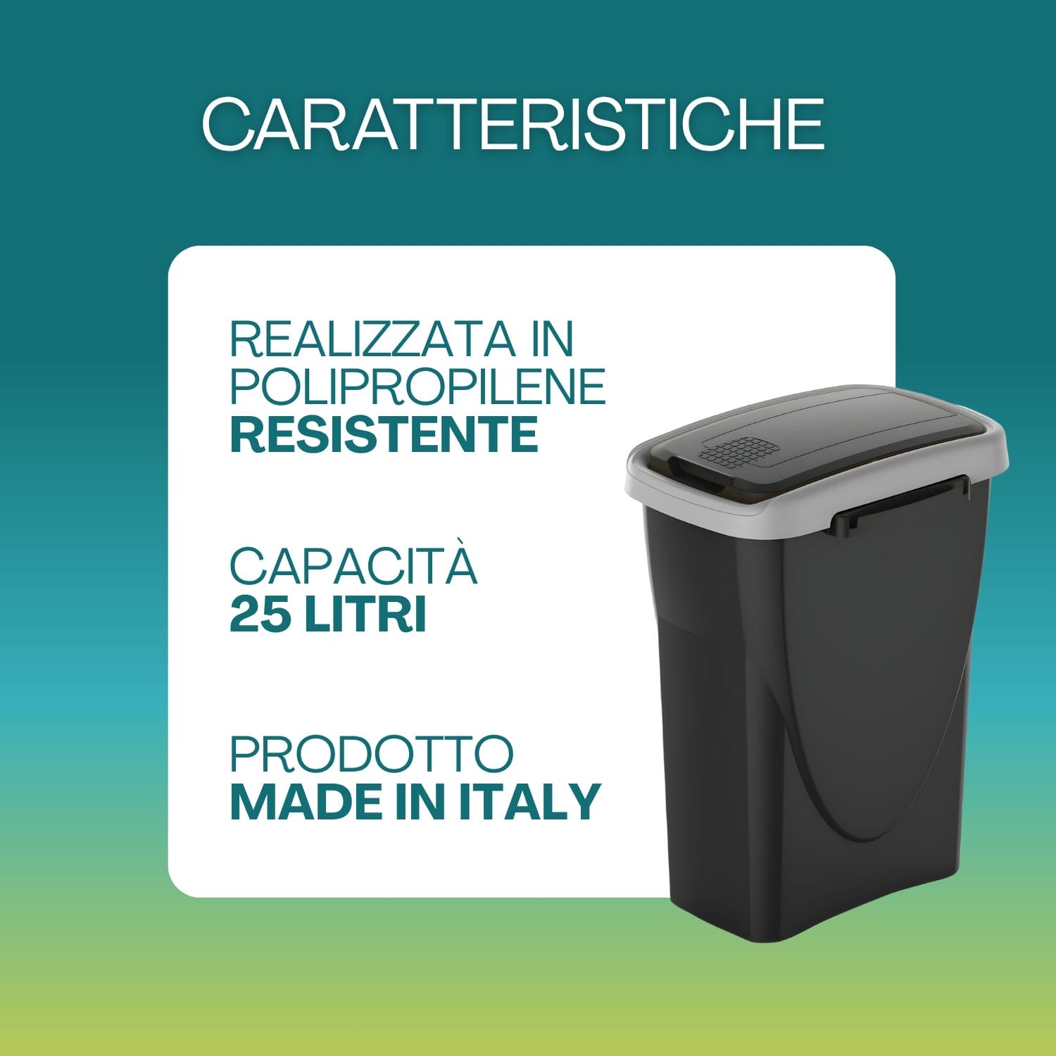 Pattumiera 25 litri nera con coperchio grigio in plastica resistente Made in Italy