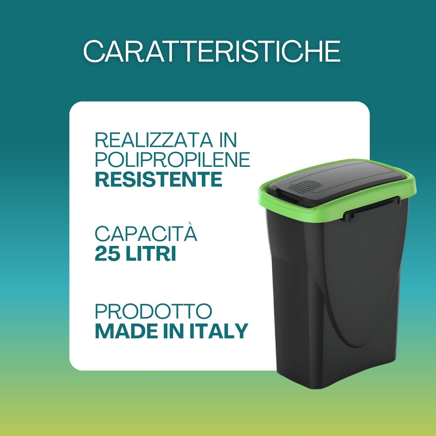 Pattumiera 25 litri nera con coperchio verde in polipropilene Made in Italy