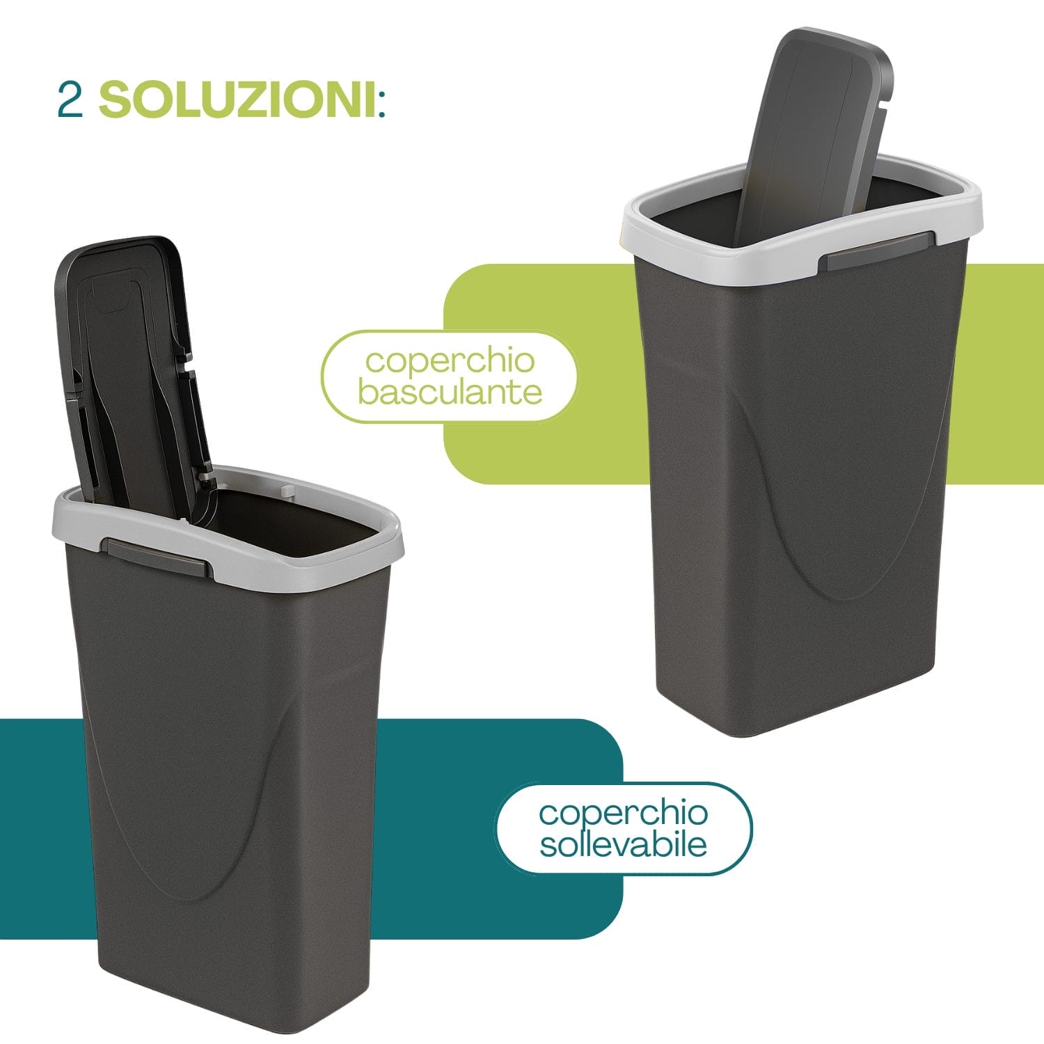 Pattumiera 25 litri con coperchio grigio basculante o sollevabile per uso domestico