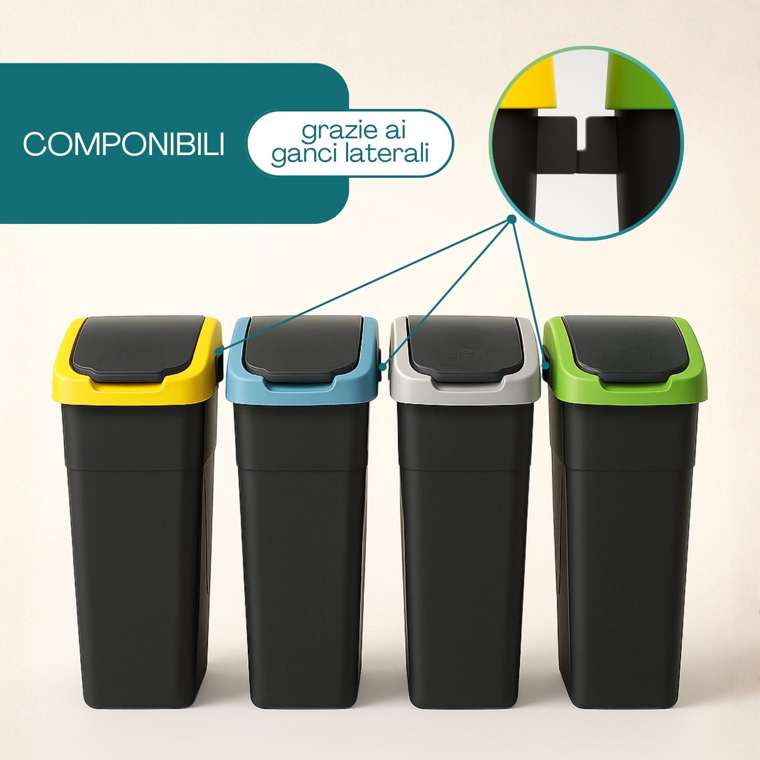 pattumiera con coperchio basculante dettagli incastro Pattumiere componibili 25 litri con ganci laterali e coperchi colorati