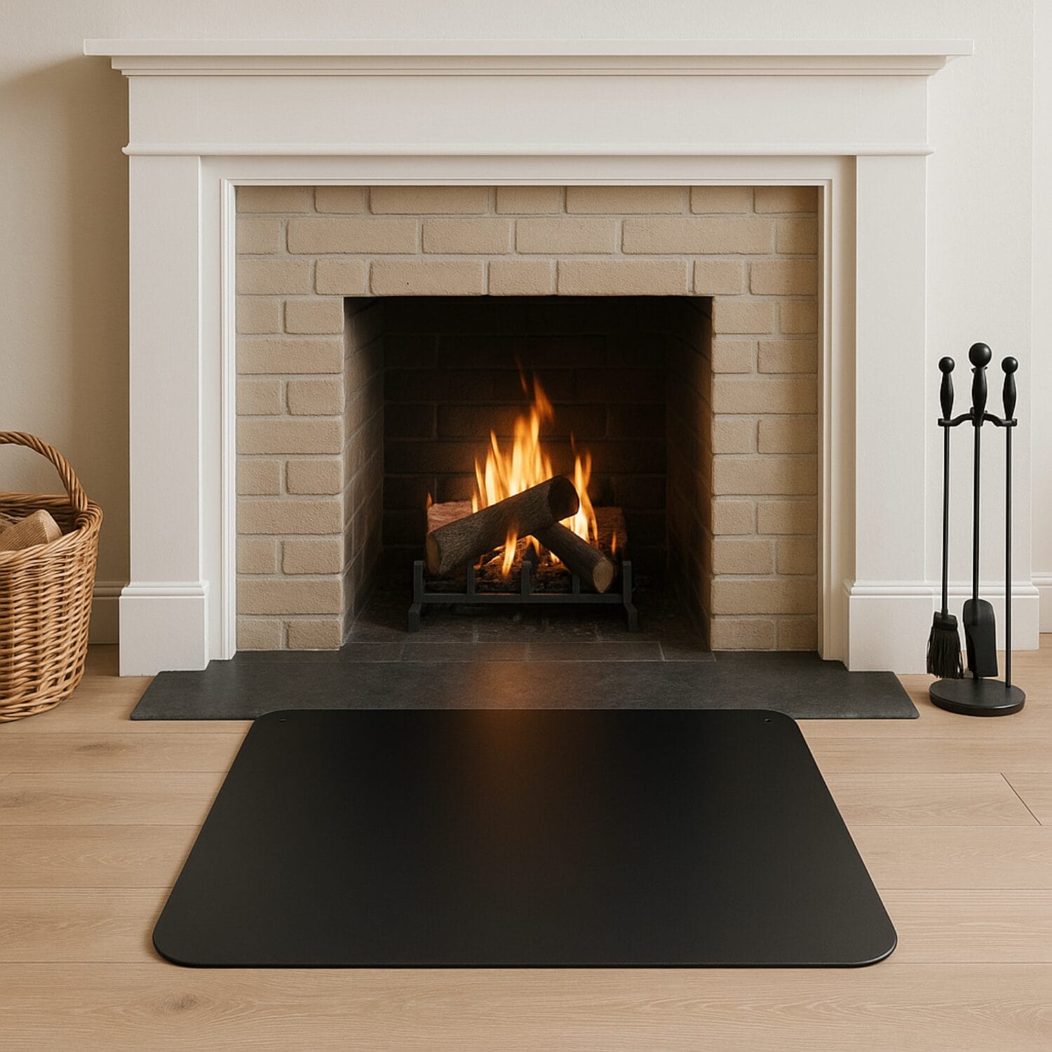 Pedana salva pavimento per camino nera davanti a camino acceso in salotto