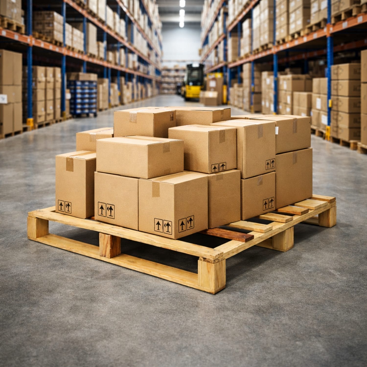 Pedane in legno con scatole in magazzino per logistica e trasporto merci