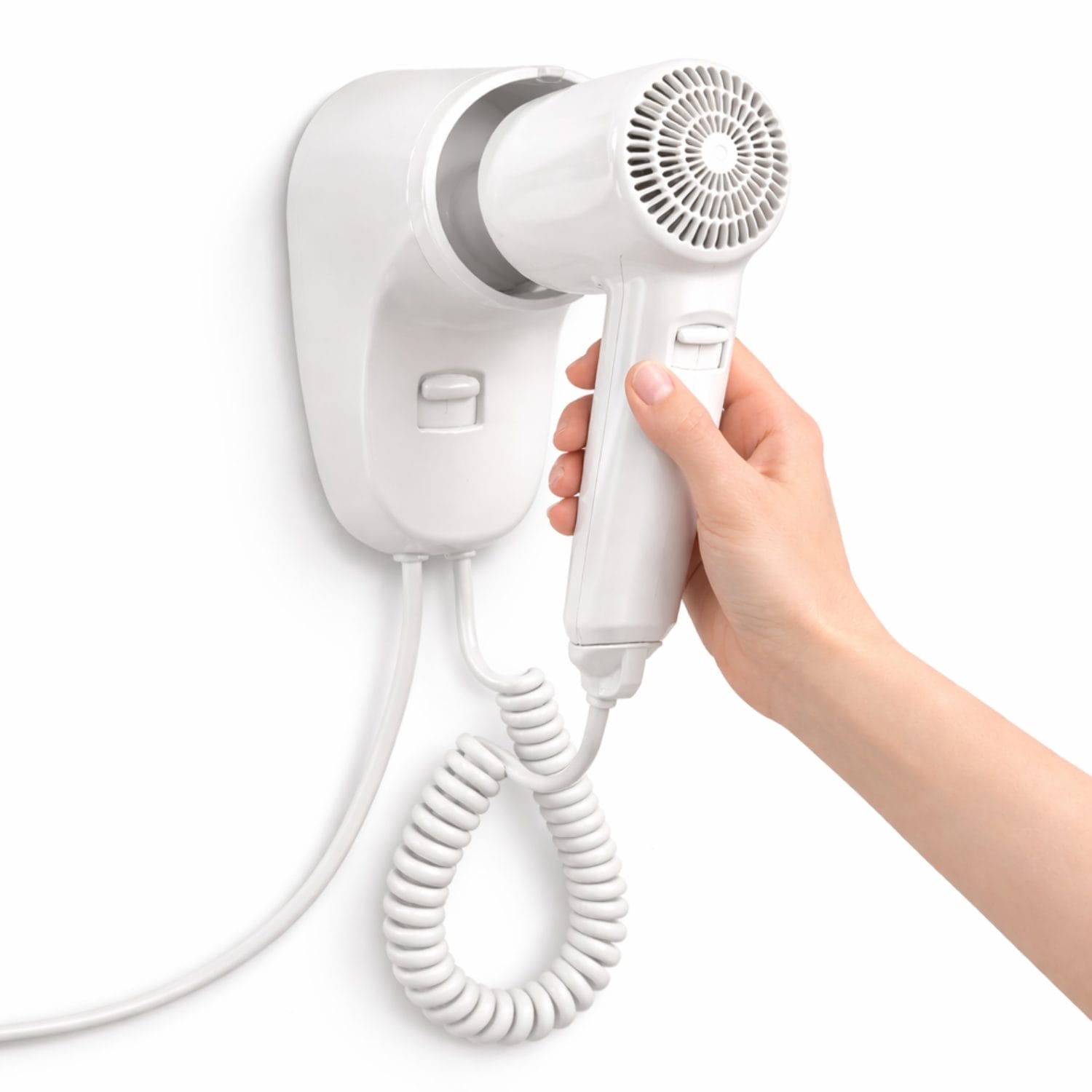 phon da parete (2) Asciugacapelli da parete bianco con supporto e cavo a spirale, uso pratico