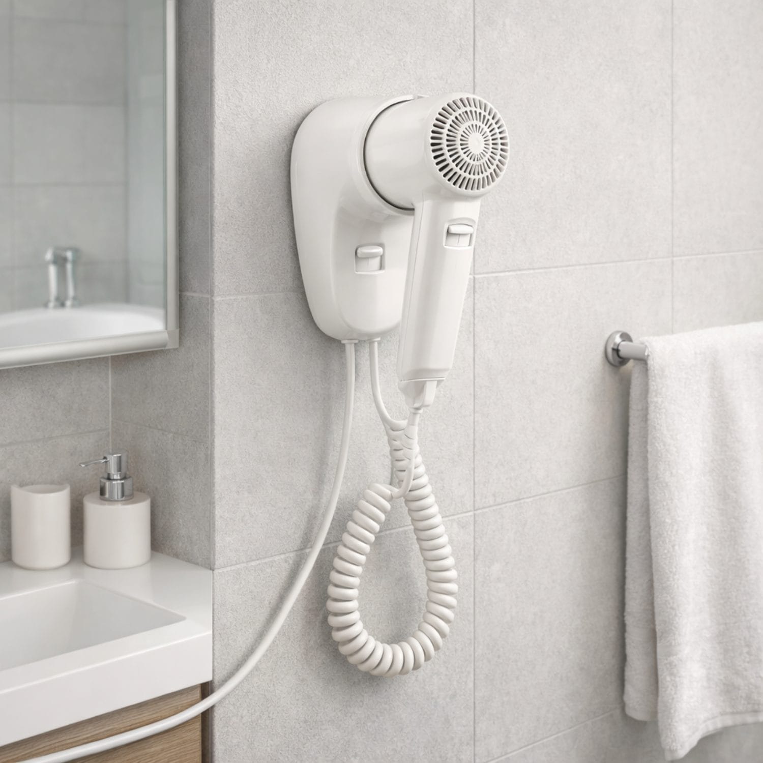 Asciugacapelli da parete per bagno e hotel, design compatto e salvaspazio