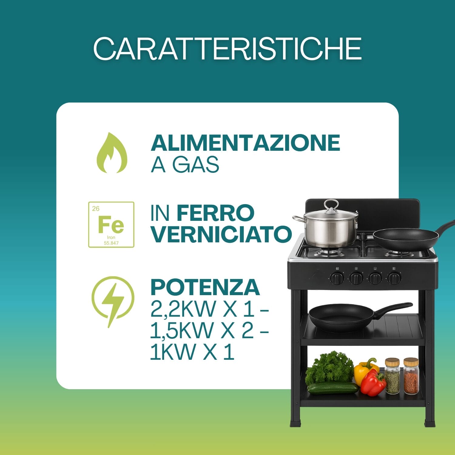 Piano cottura portatile a gas 4 fuochi in ferro verniciato con manopole frontali