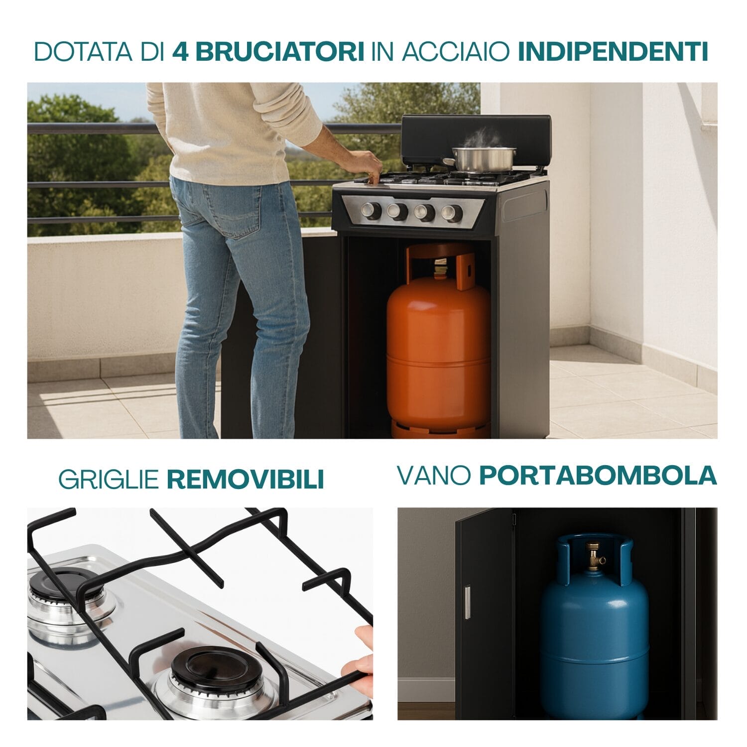 Piano cottura portatile con vano portabombola e 4 bruciatori in acciaio