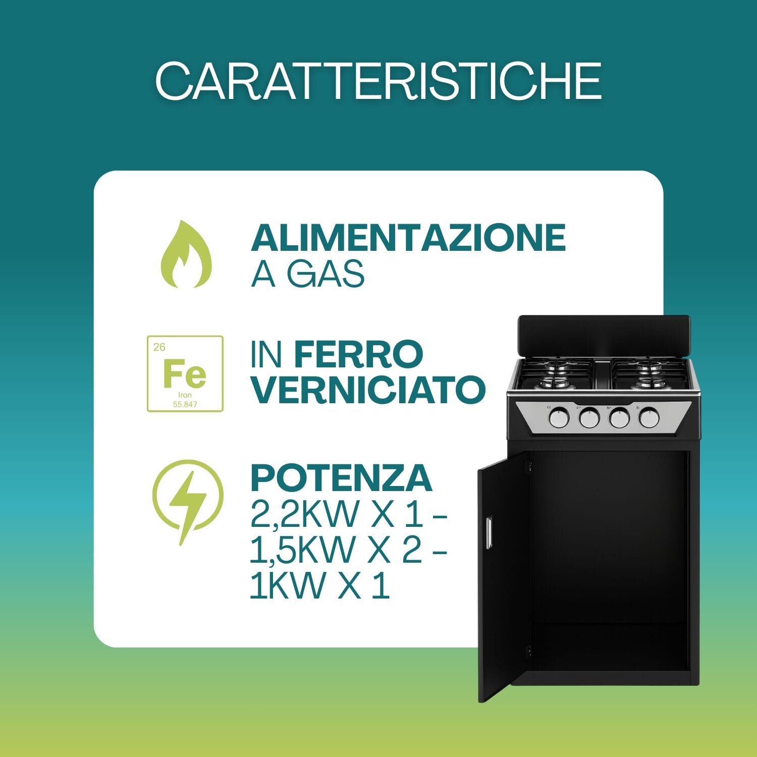 Fornello a gas con vano portabombola , 4 fuochi e sportello richiudibile