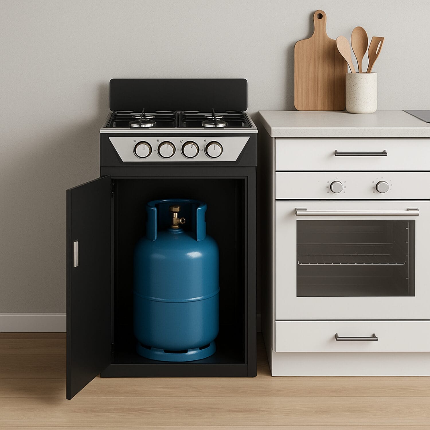 Fornello portatile a gas con 4 fuochi e ripiani in ferro