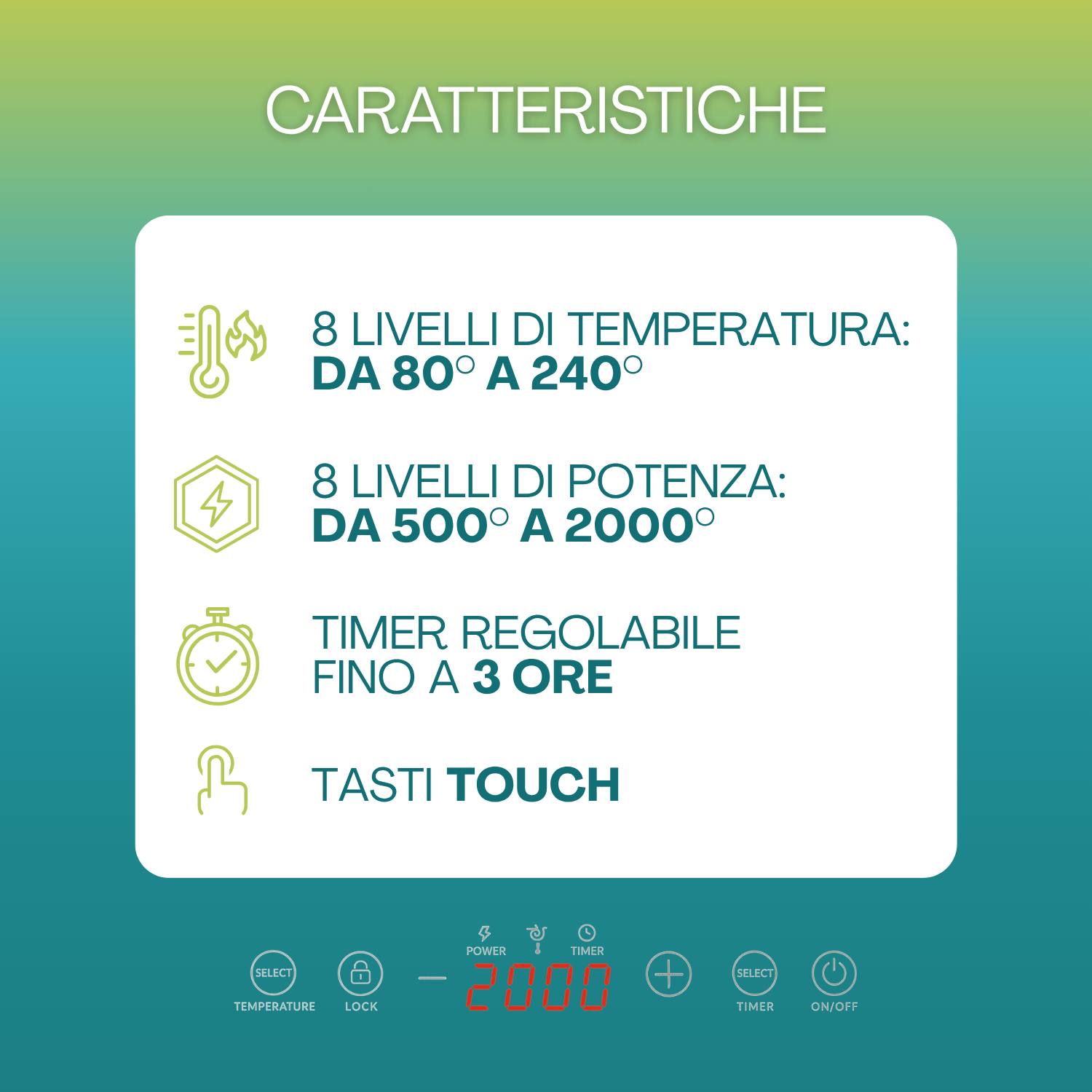 piastra a induzione caratteristiche Piastra a induzione con 8 livelli temperatura e potenza, timer 3 ore e comandi touch