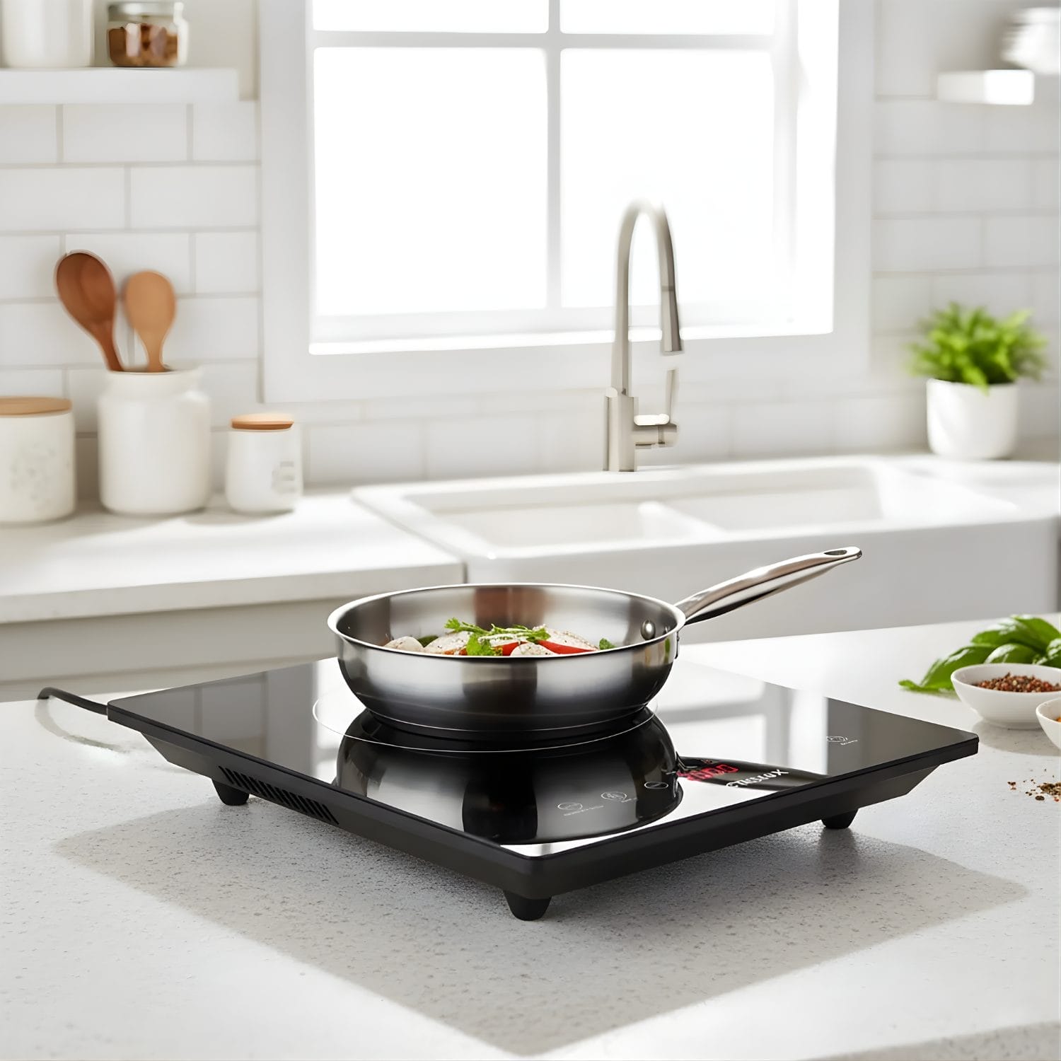 Piastra a induzione in cucina moderna con padella in acciaio su piano cottura