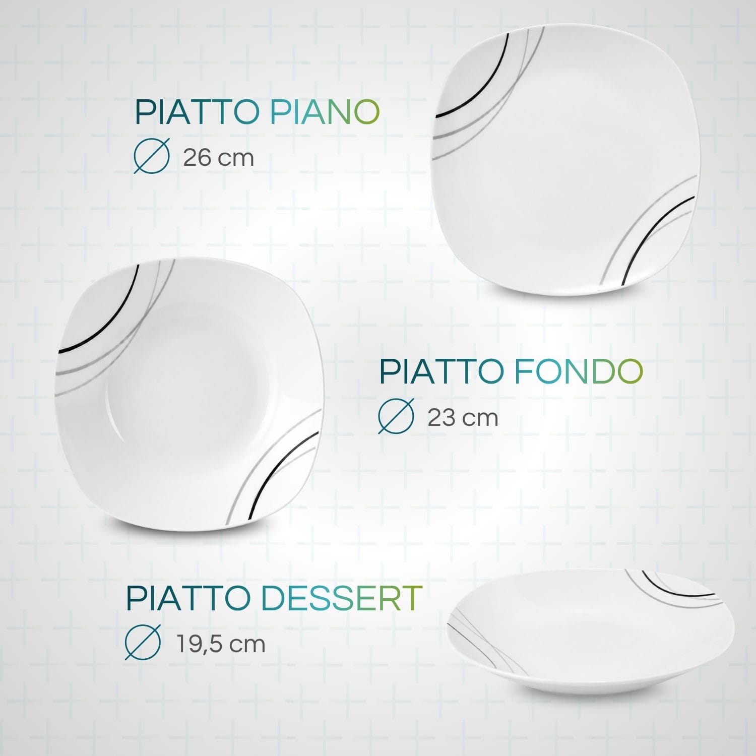 piatti quadrati misure Dimensioni servizio piatti quadrati in porcellana bianca per 6 persone con decoro moderno