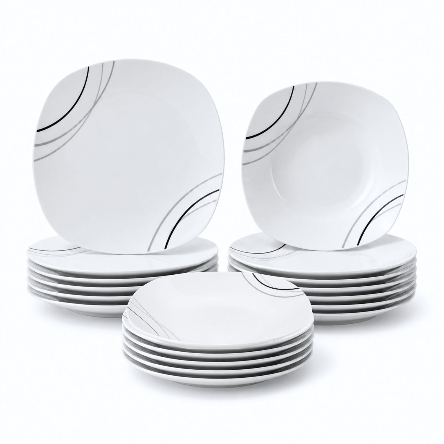 Servizio 18 piatti quadrati in porcellana bianca con elegante decoro a linee nere