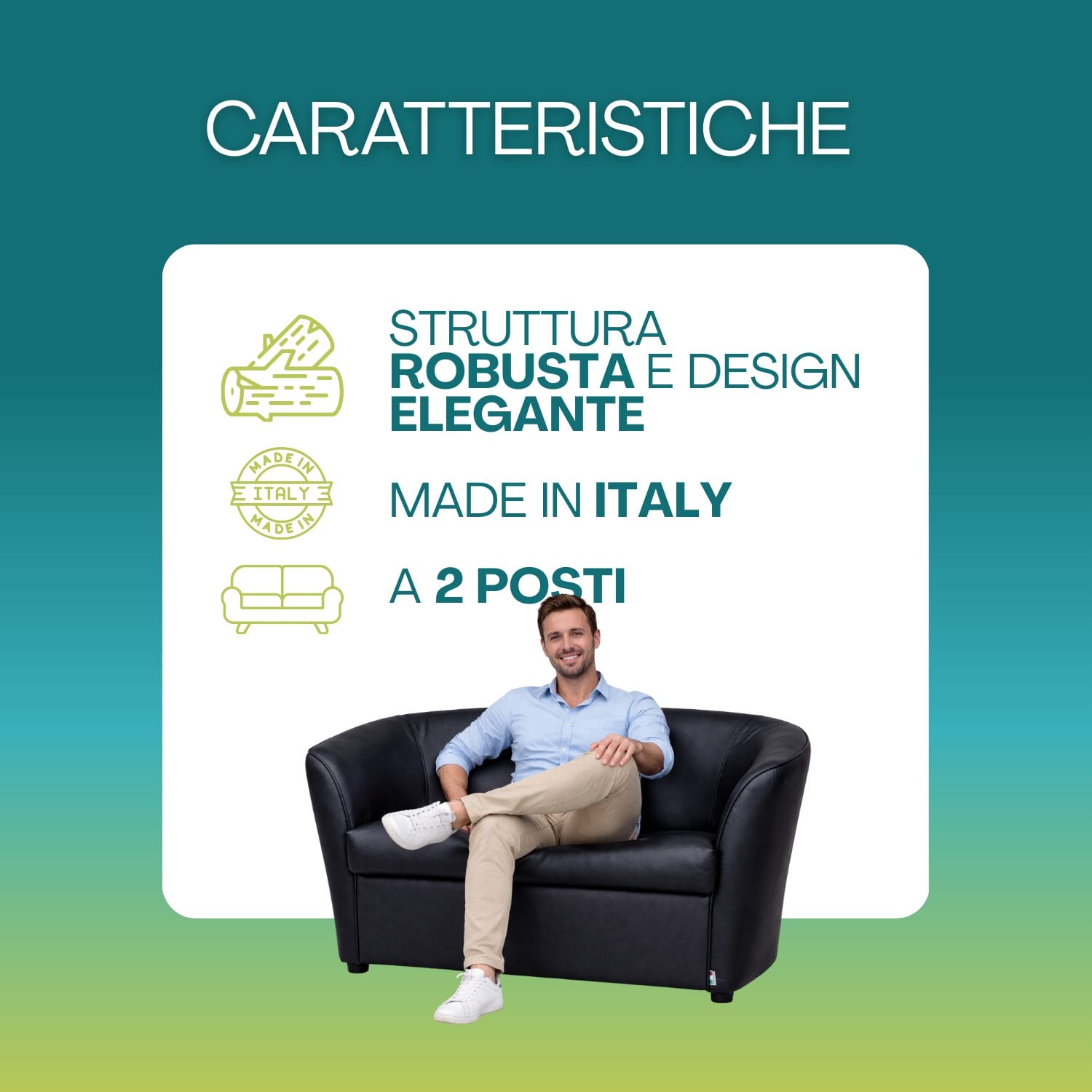 poltrona a pozzetto caratteristiche Divano a pozzetto 2 posti in ecopelle nera, struttura robusta in legno, design elegante Made in Italy