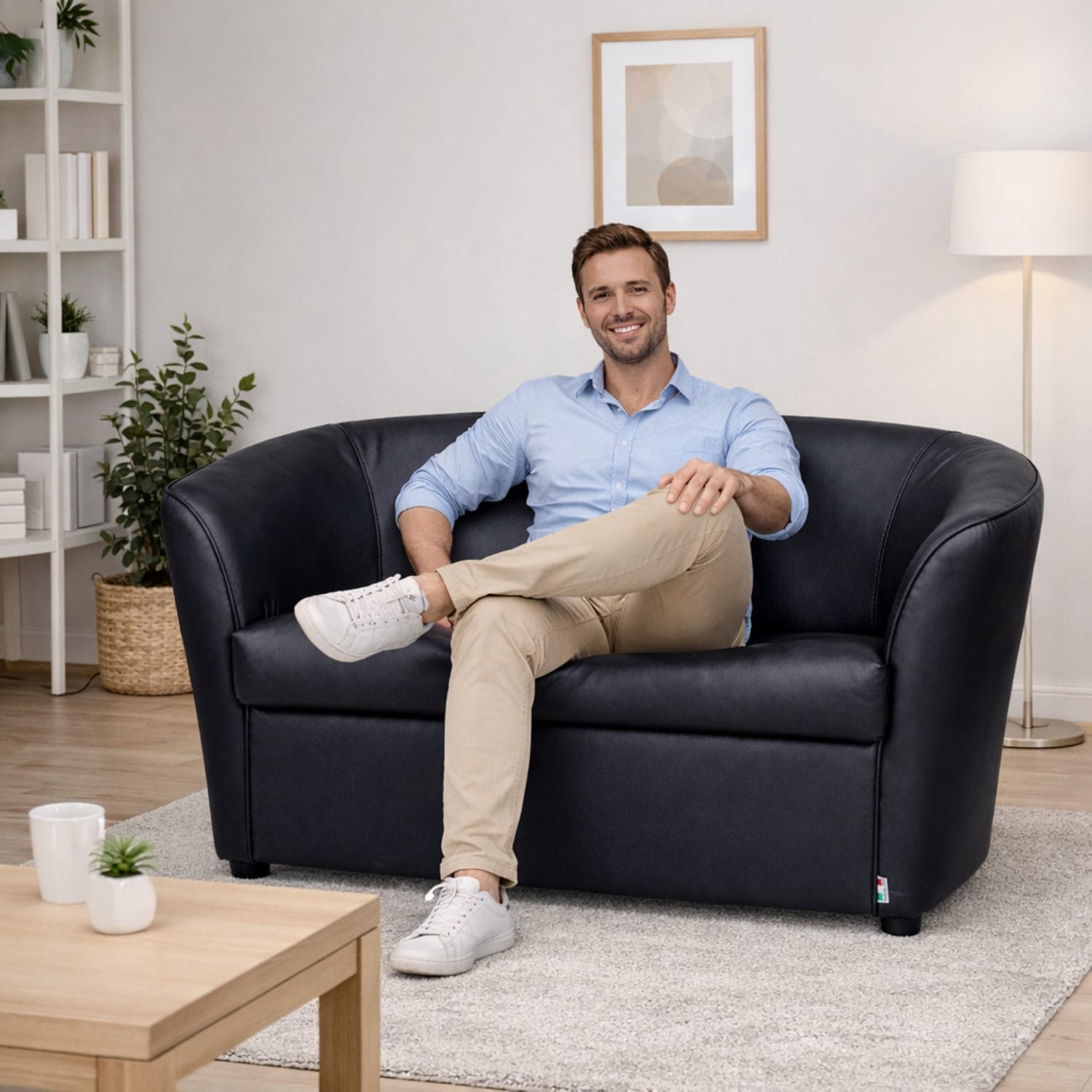 Divano a pozzetto nero 2 posti in ecopelle, seduta confortevole in salotto moderno