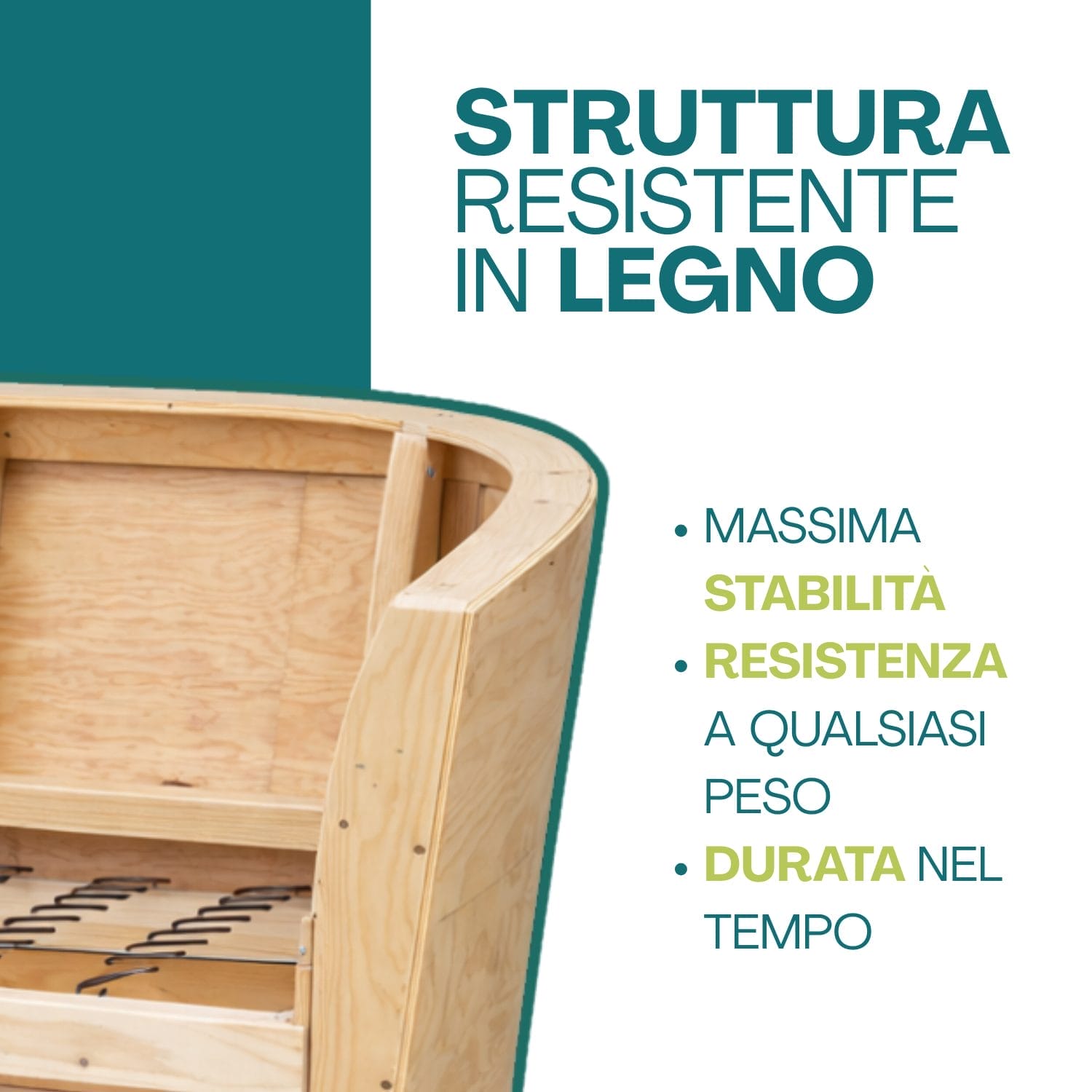 Struttura interna in legno del divano a pozzetto, resistente e progettata per durare