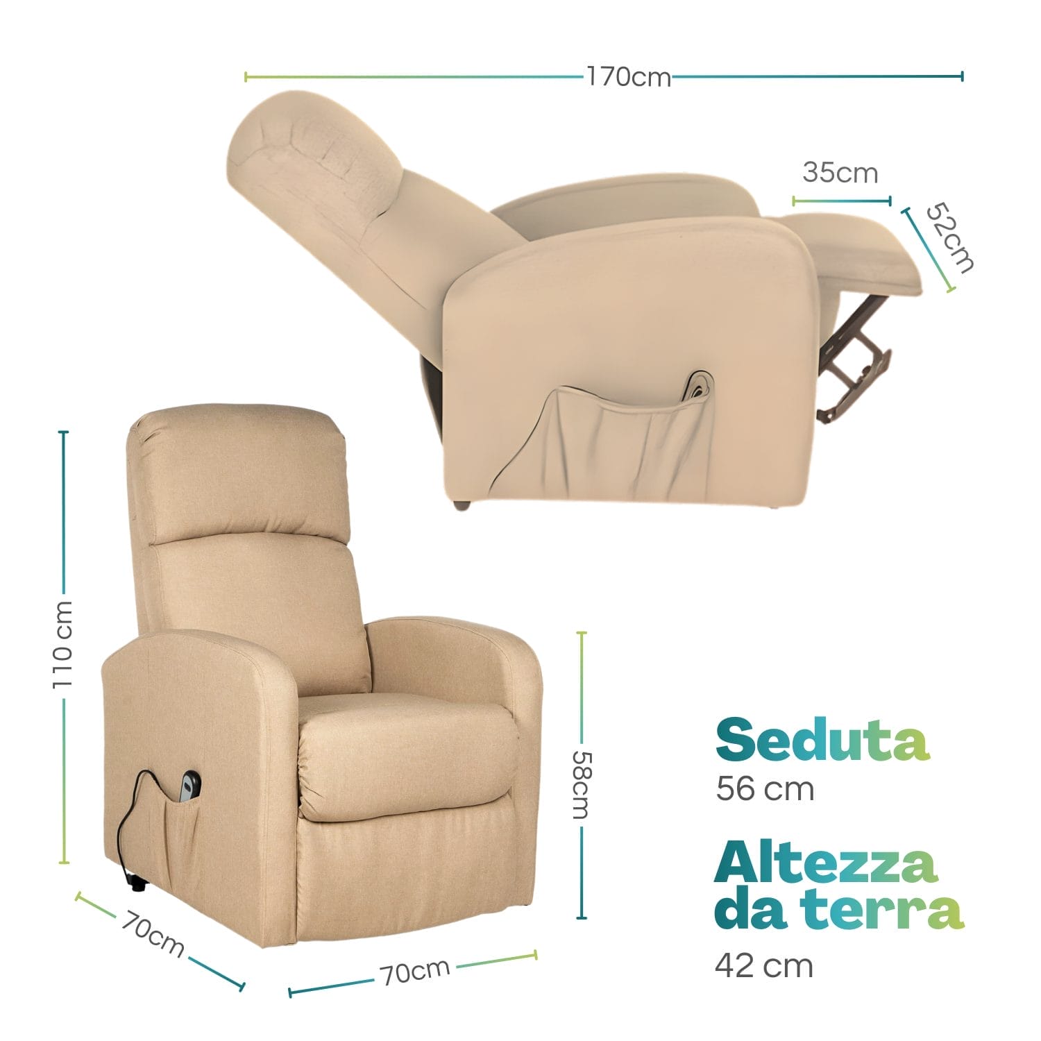 Misure Poltrona Dynamica Tortora reclinabile motorizzata con funzione massaggiante e poggiapiedi in tessuto