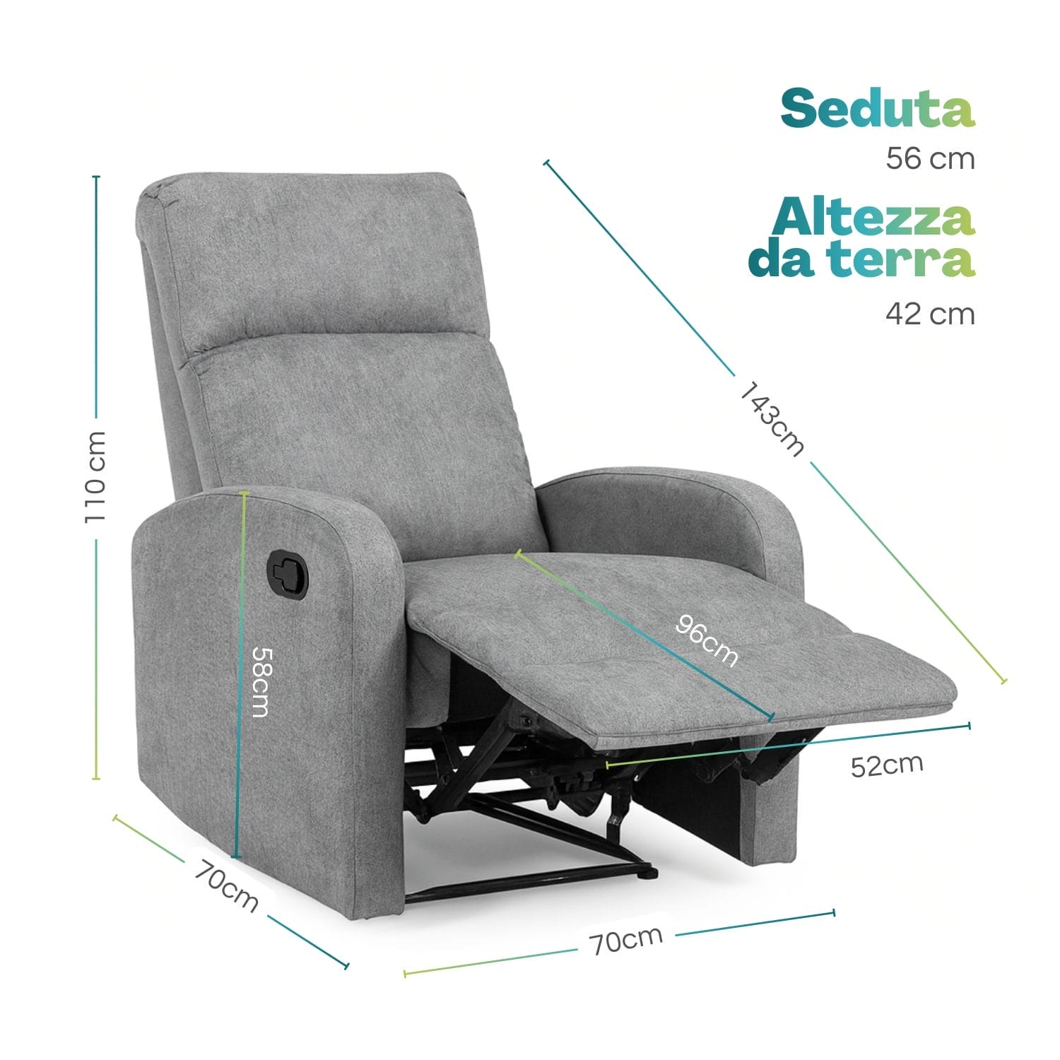 Misure Poltrona relax manuale grigia con poggiapiedi in tessuto, design elegante e struttura robusta