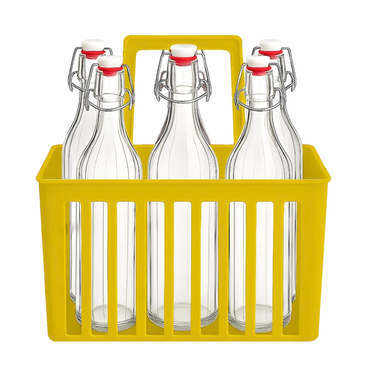 portabottiglie giallo con 6 bottiglie in vetro tappo meccanico