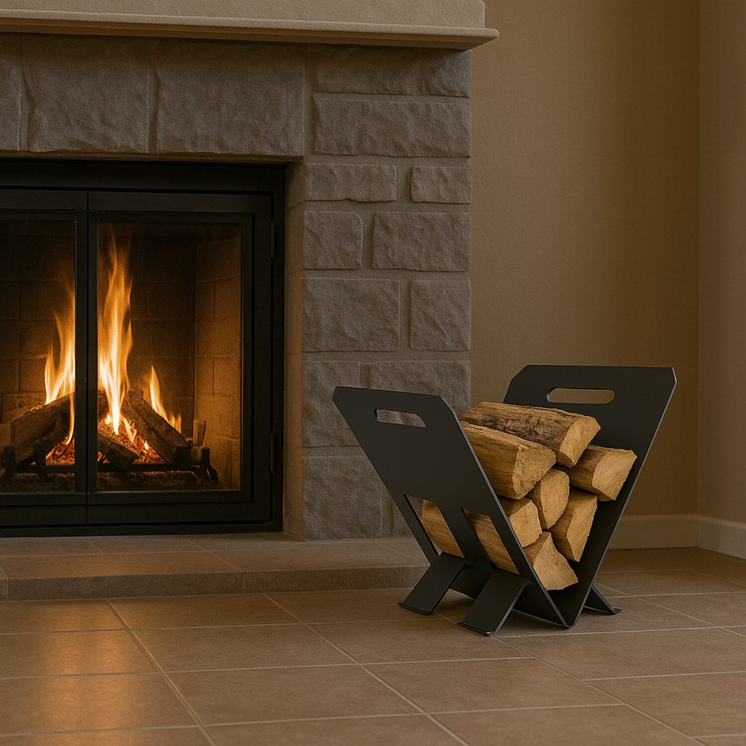 portalegna-coreografica Portalegna nero moderno vicino al camino acceso con legna impilata