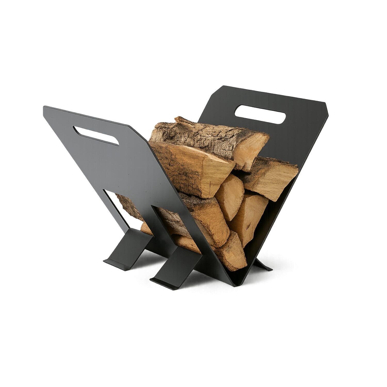 Portalegna ovale in acciaio verniciato nero con manico e design rustico