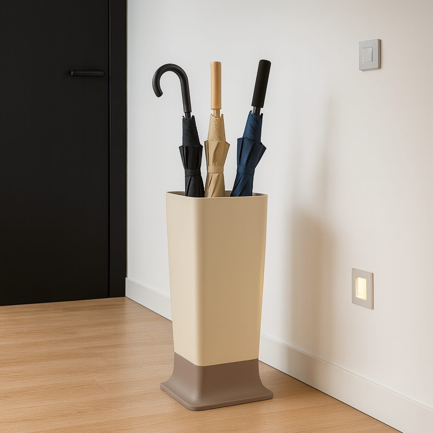 Portaombrelli beige moderno con ombrelli all’ingresso di casa