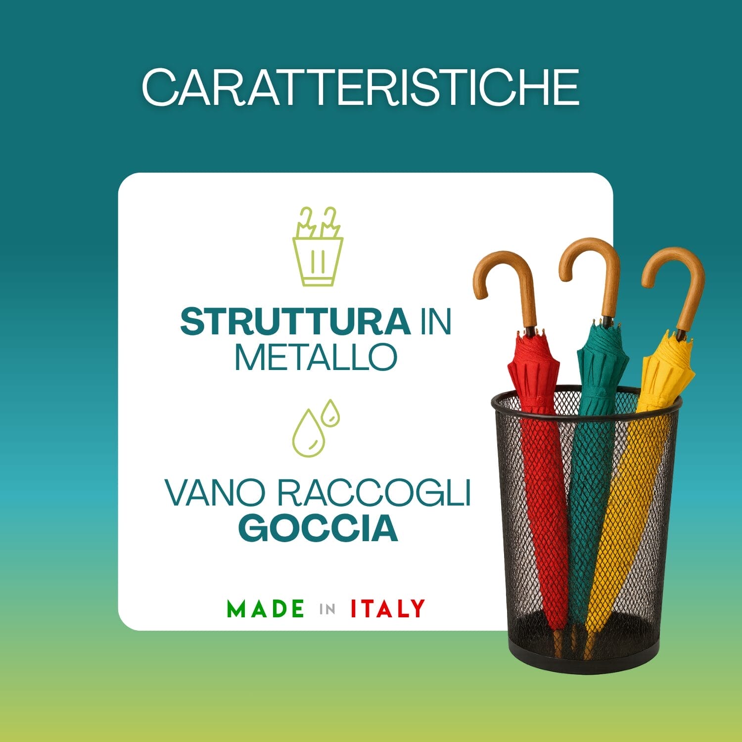 Portaombrelli in metallo con vano raccogli goccia e struttura robusta Made in Italy
