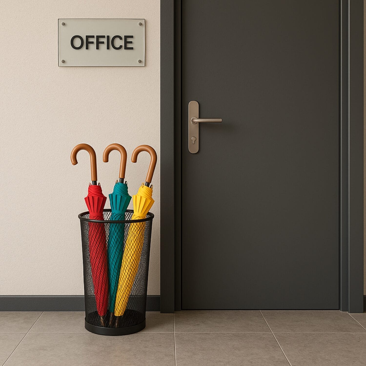 Portaombrelli nero in metallo con ombrelli colorati all’ingresso di un ufficio