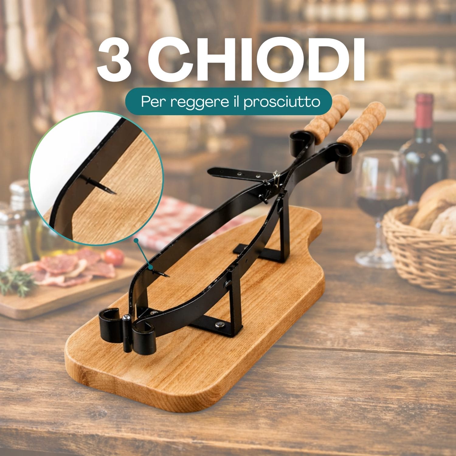 Portaprosciutto con tre chiodi per fissaggio prosciutto