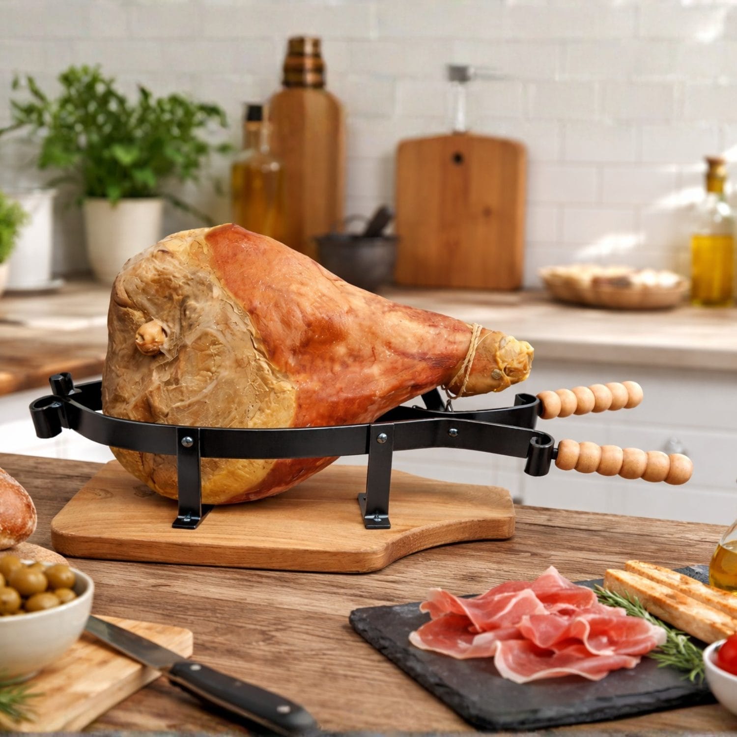 Portaprosciutto in legno con prosciutto su tavolo cucina