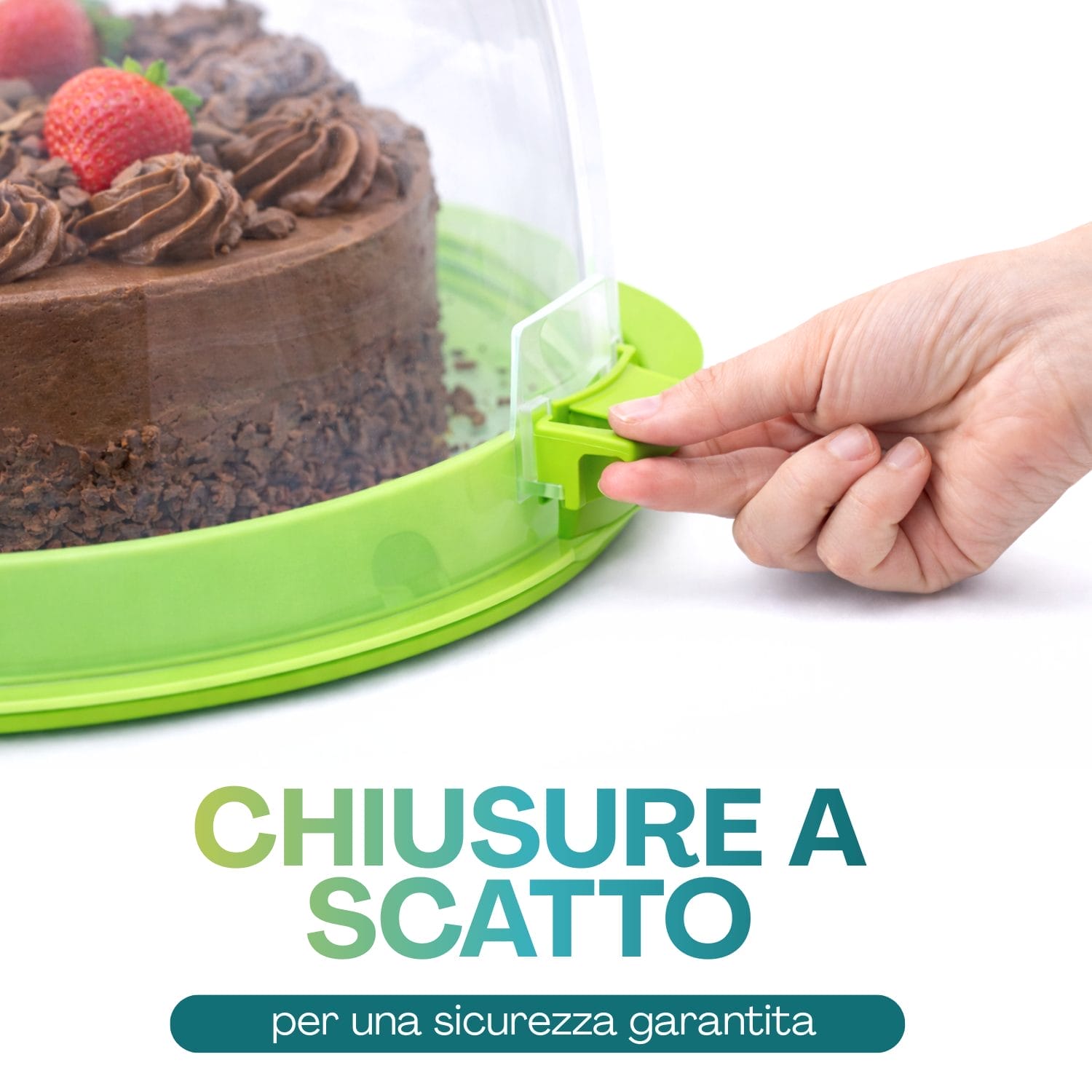 Dettaglio chiusura a scatto del portatorta per trasporto sicuro