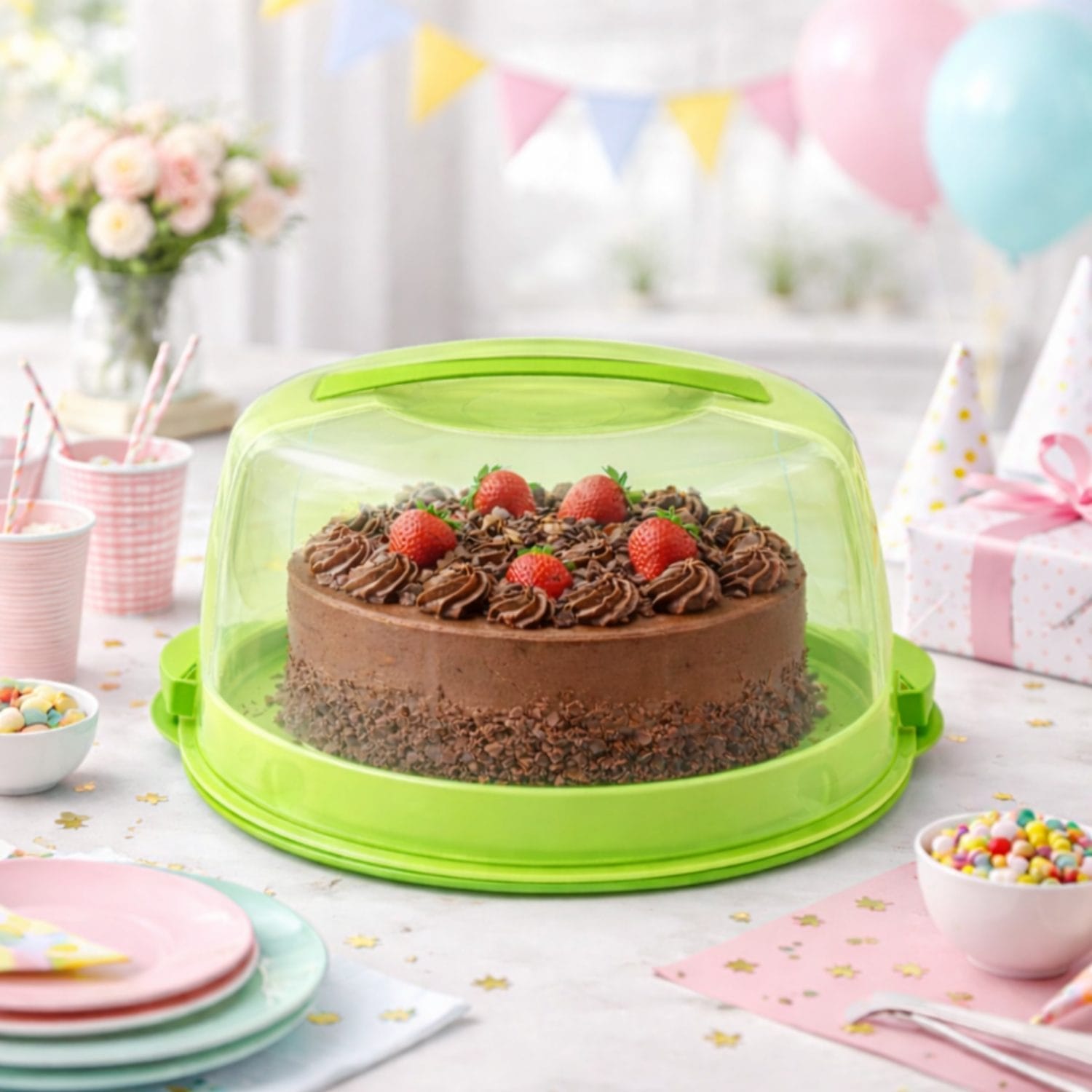 Portatorta con torta ambientato per feste e compleanni