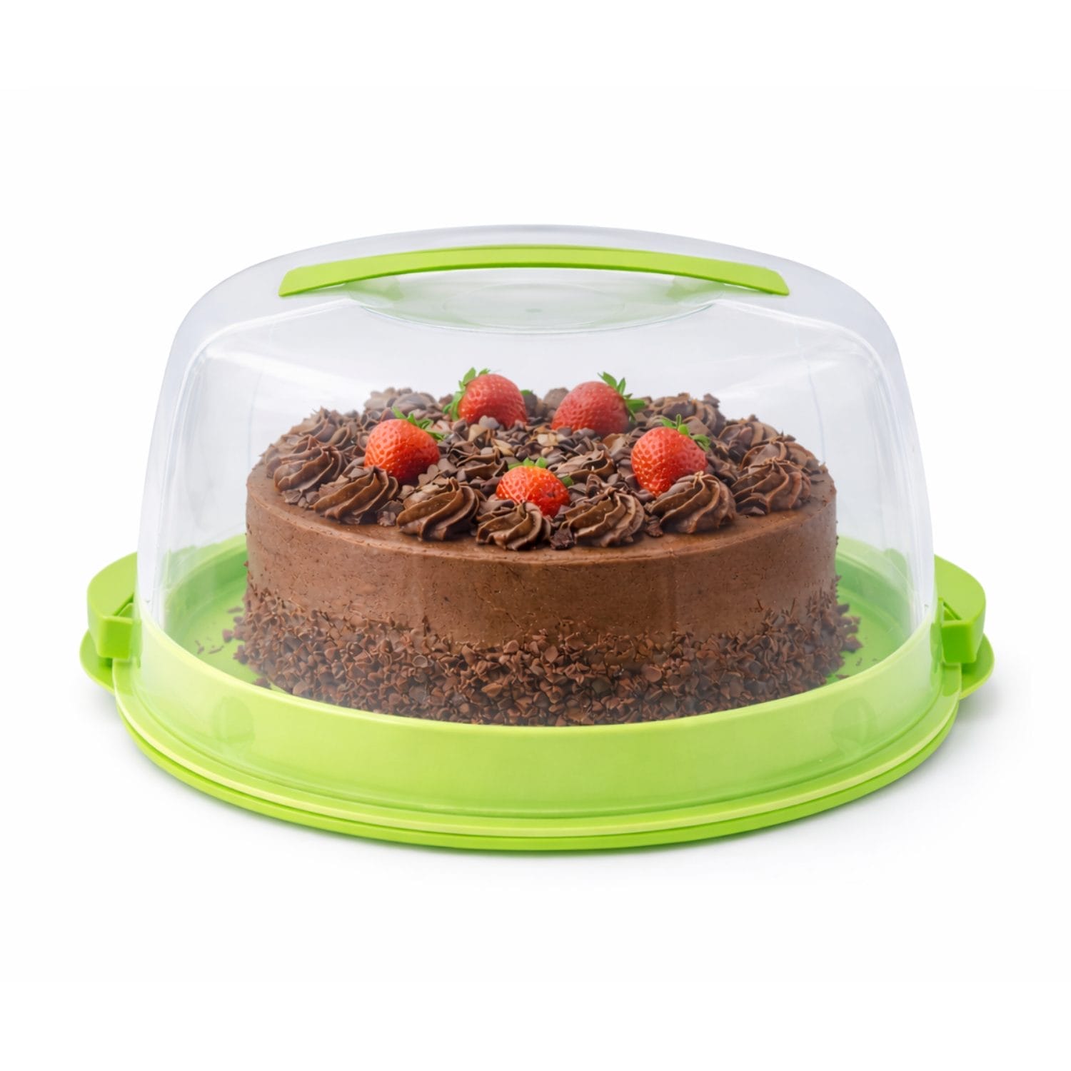 Portatorta rotondo verde con coperchio trasparente e torta al cioccolato