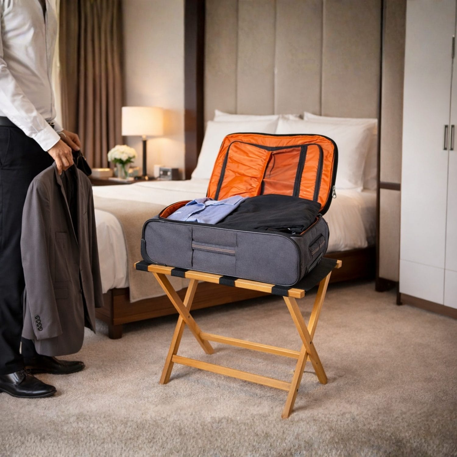 Portavaligie in legno di bambù con valigia aperta, ideale per camere d’hotel e strutture ricettive