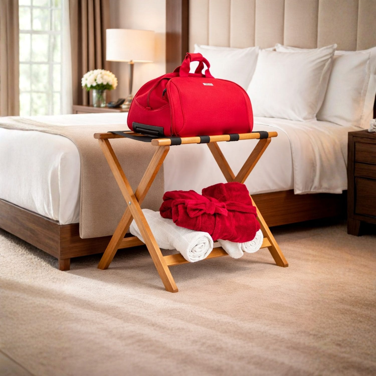 Portavaligie pieghevole in bambù con borsa da viaggio, accessorio funzionale per hotel e B&B