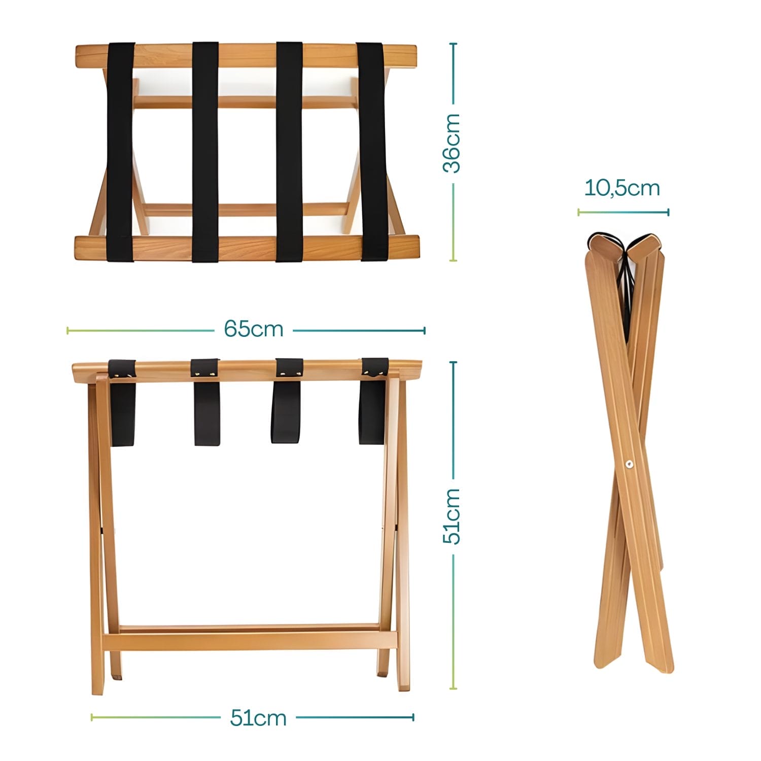 Dimensioni portavaligie pieghevole in bambù con 4 cinghie, larghezza 65 cm e altezza 51 cm