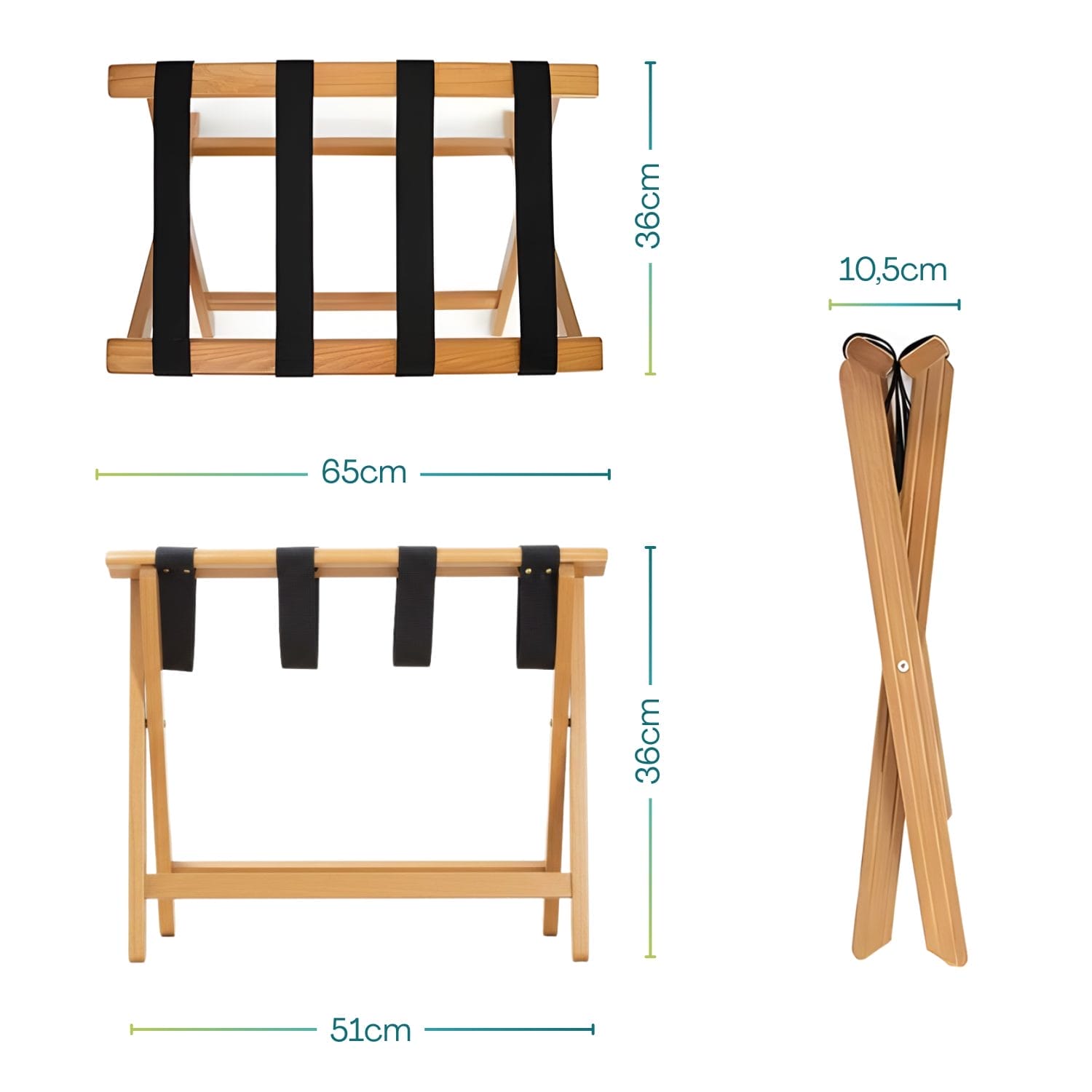 Dimensioni portavaligie pieghevole in bambù con 4 cinghie, larghezza 65 cm e altezza 51 cm