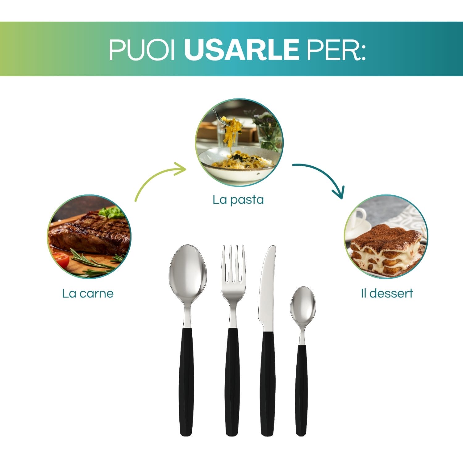 Servizio tavola Abert in acciaio inox manico nero elegante e resistente