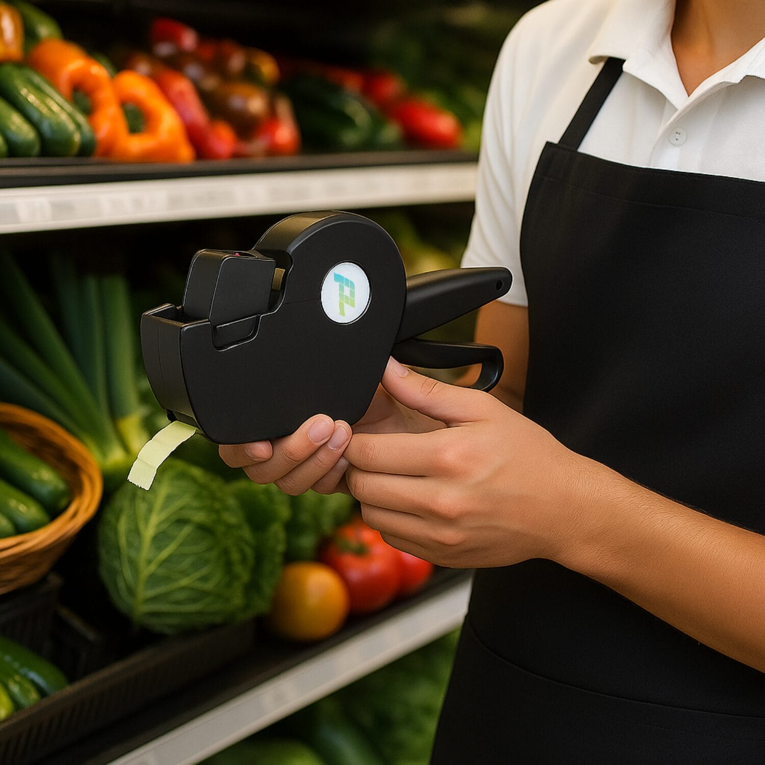 prezzatrice-coreografica Prezzatrice Paluplus in uso in negozio ortofrutticolo per etichettare prodotti