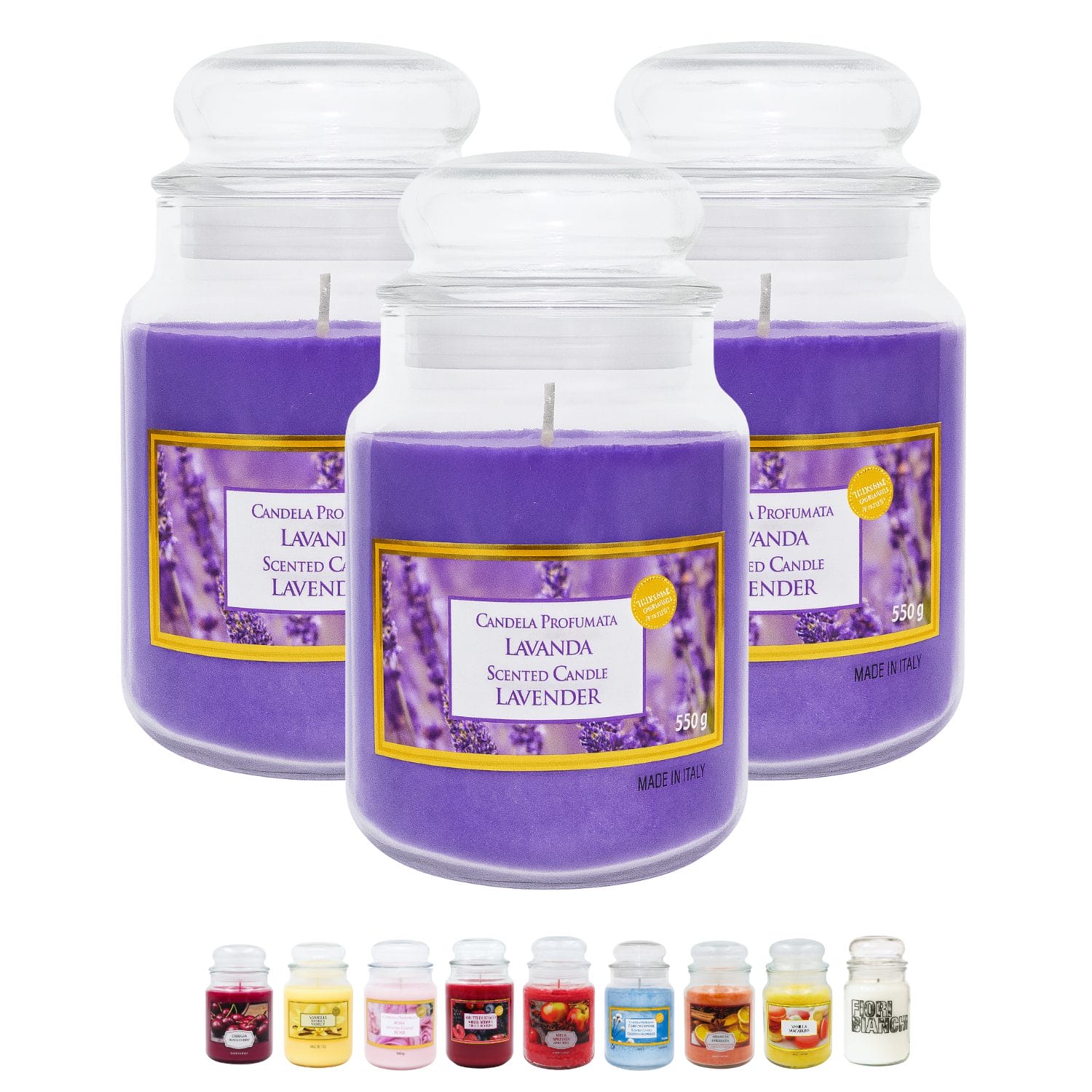 Candele decorative profumate alla lavanda 510 g in barattolo vetro set 3