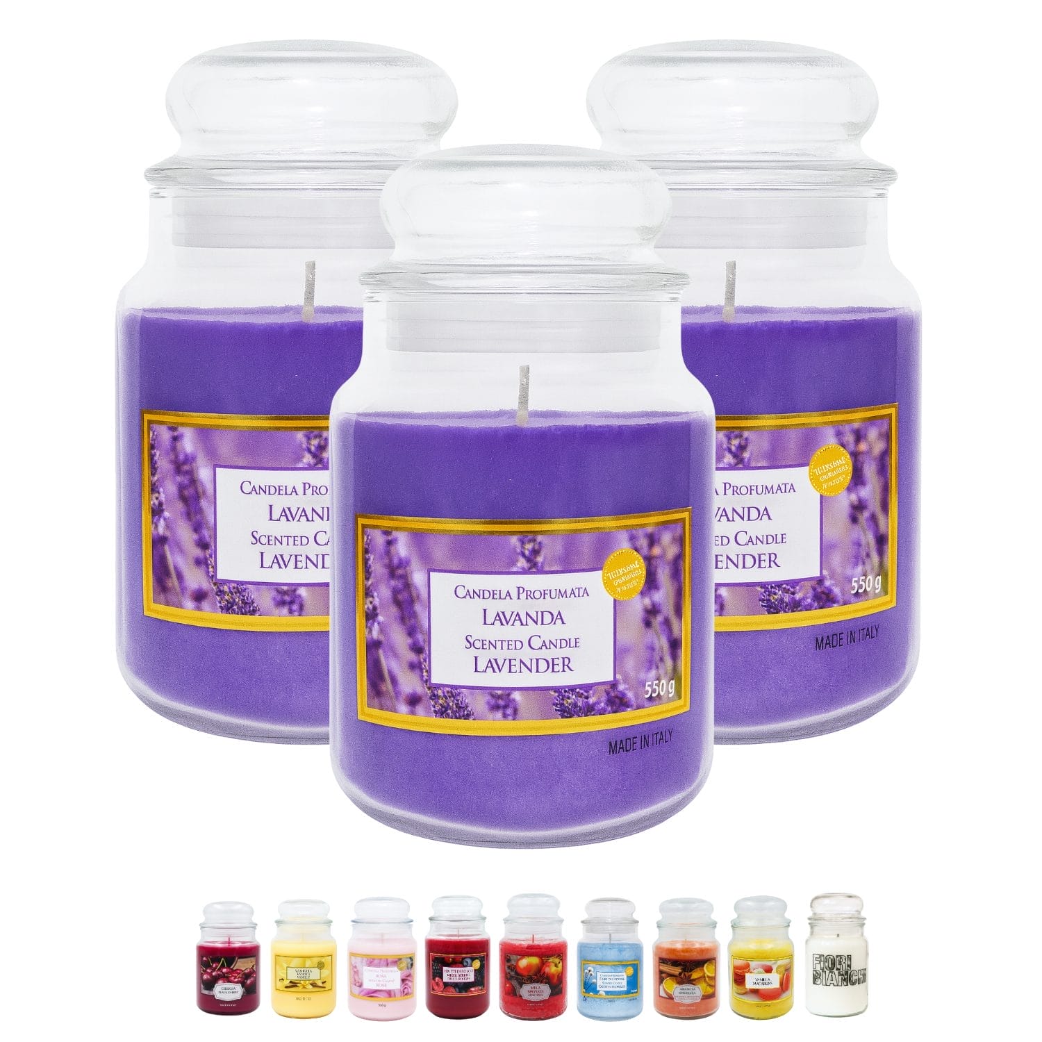 Candele decorative profumate alla lavanda 510 g in barattolo vetro set 3