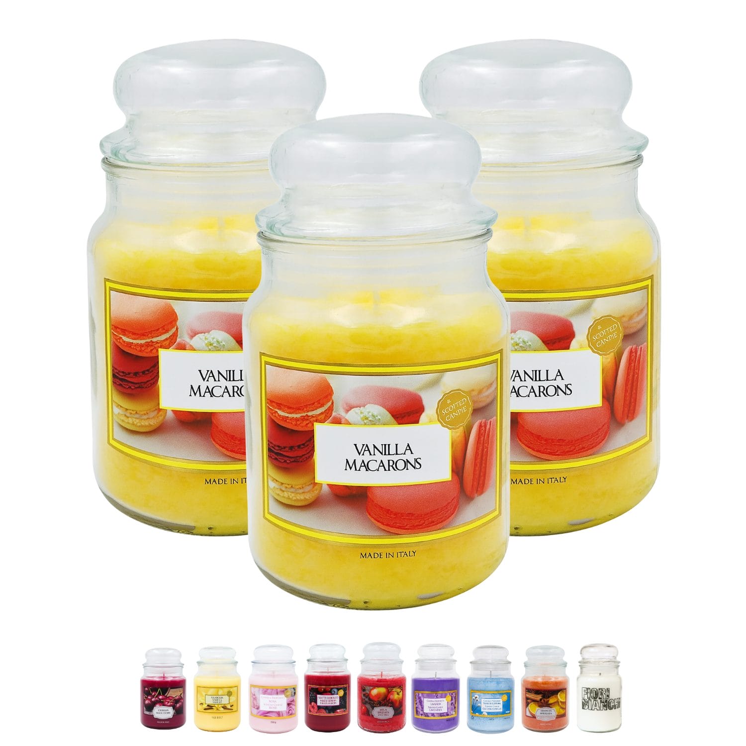 Candele decorative profumate al macarons 510 g in barattolo vetro set 3