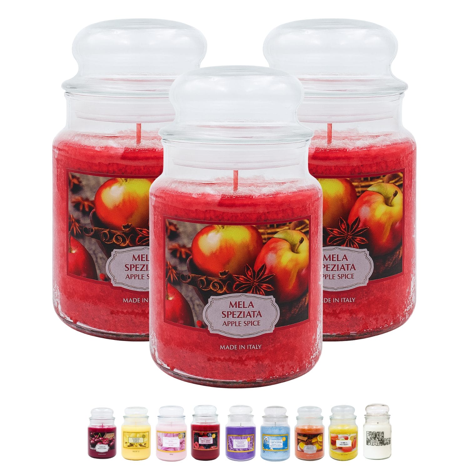 Set 3 candele alla mela in giara vetro con chiusura ermetica profumate