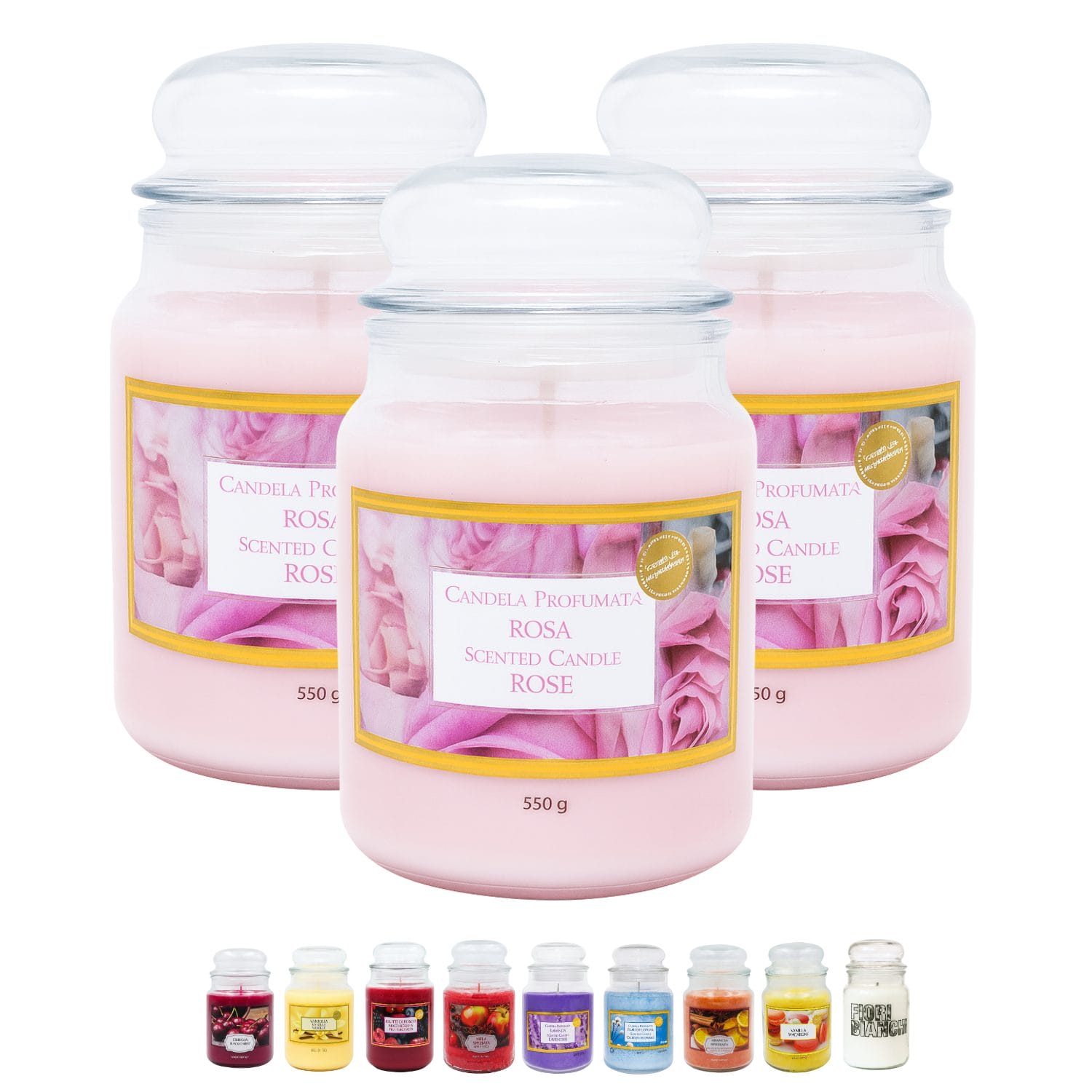 Set 3 candele alla profumazione di rosa in giara vetro con chiusura ermetica profumate
