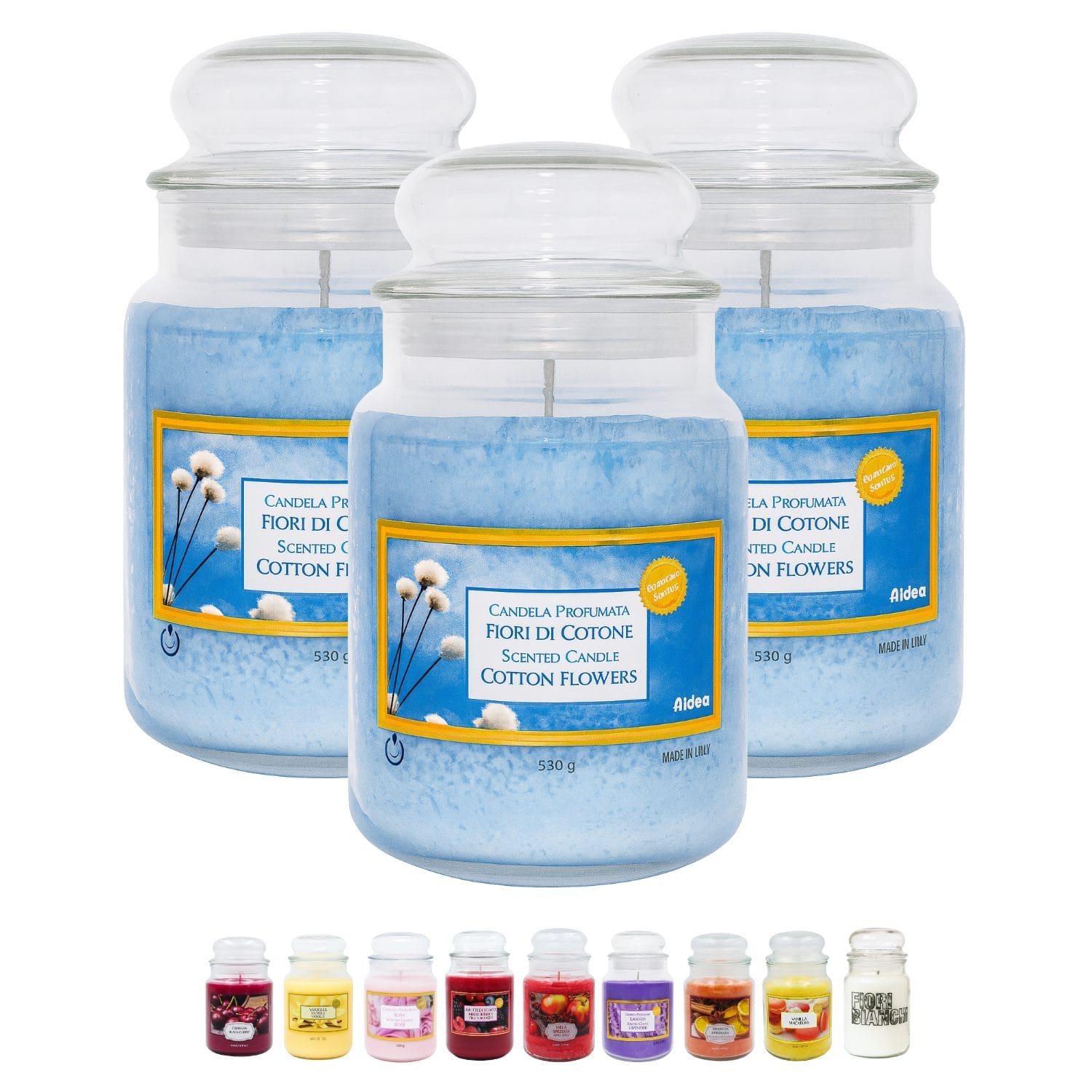 Set 3 candele profumate di talco in giara 510 g con tappo in vetro