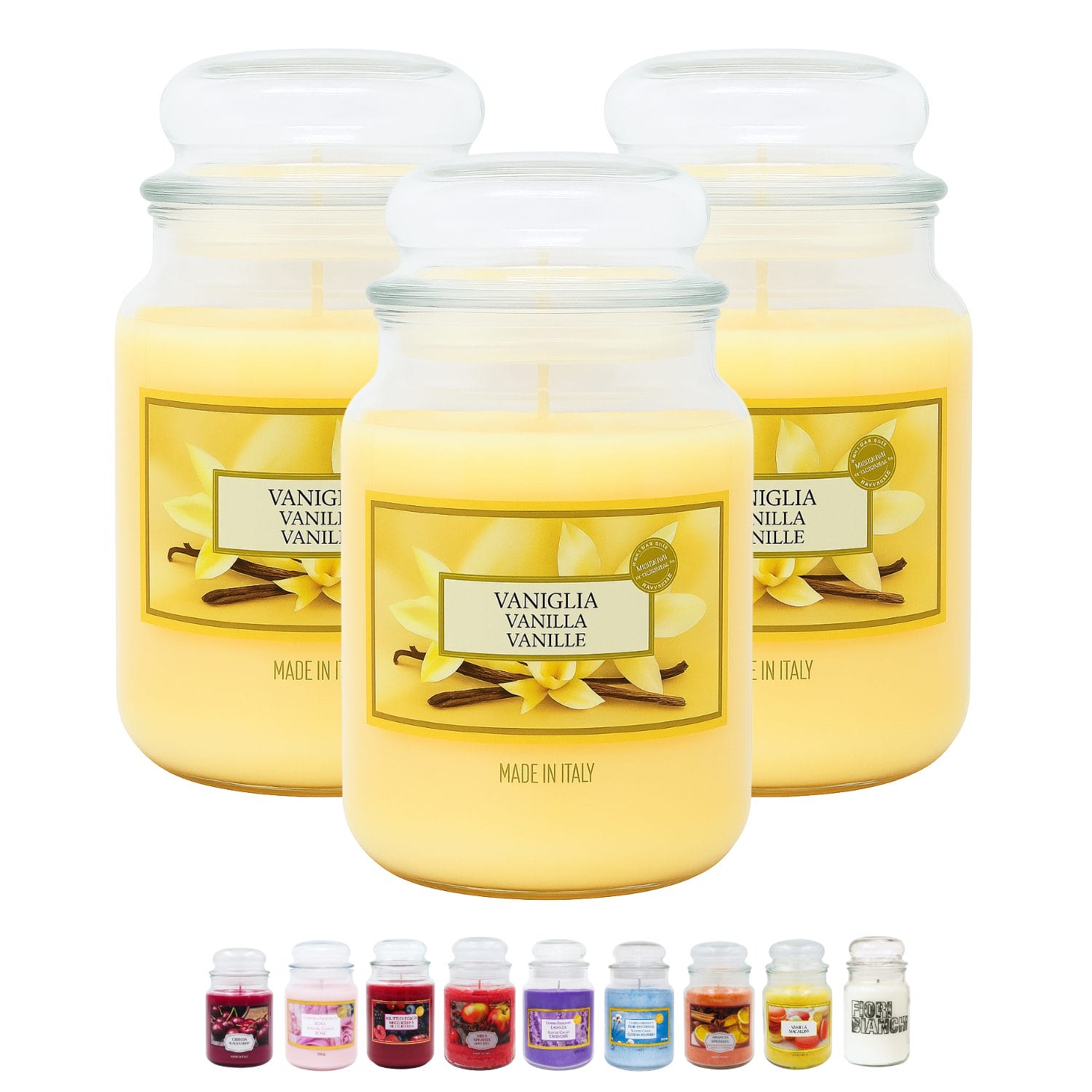 Set 3 candele profumate alla vaniglia in giara 510 g con tappo in vetro