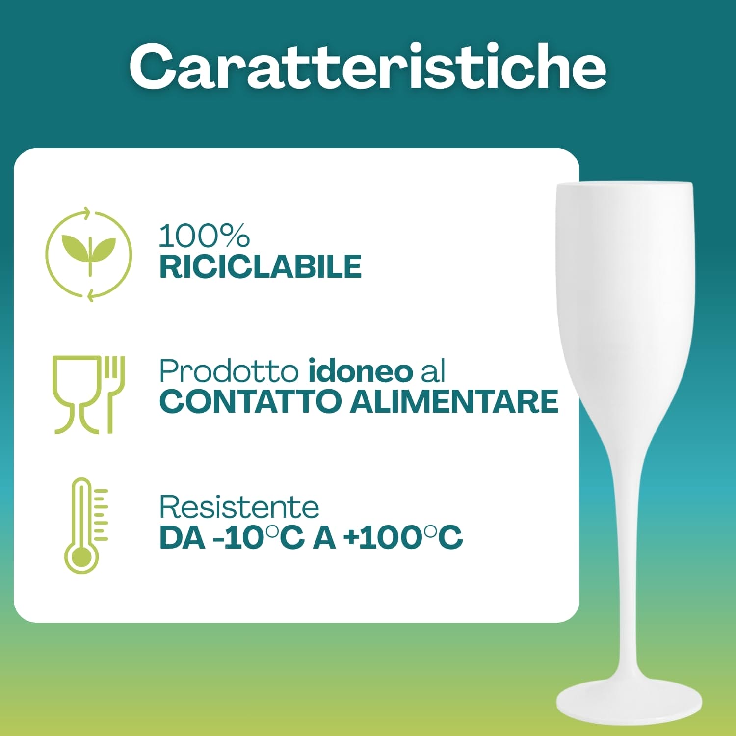 Bicchiere flute Bianco resistente da -10°C a +100°C 100% riciclabile
