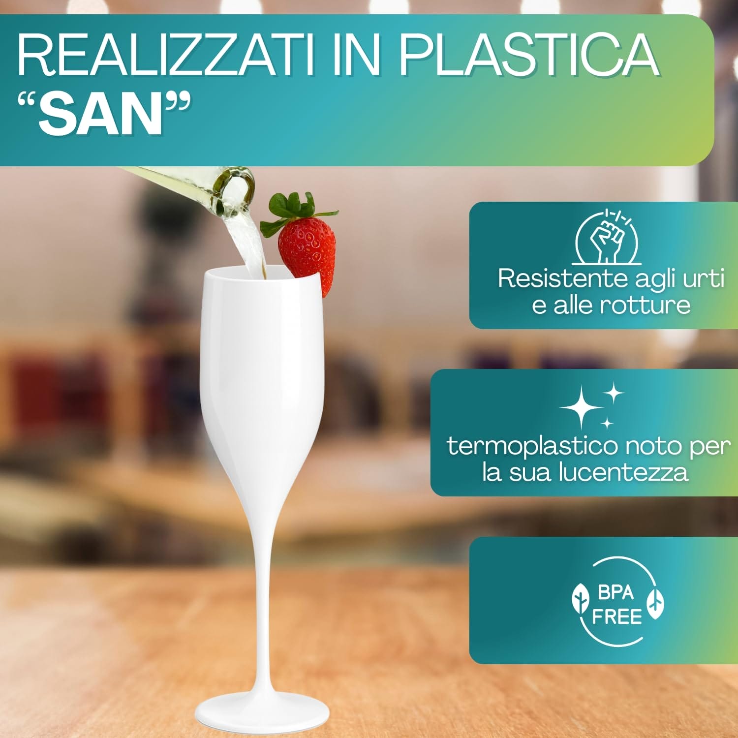Flute champagne bianco plastica SAN BPA free resistente e riutilizzabile