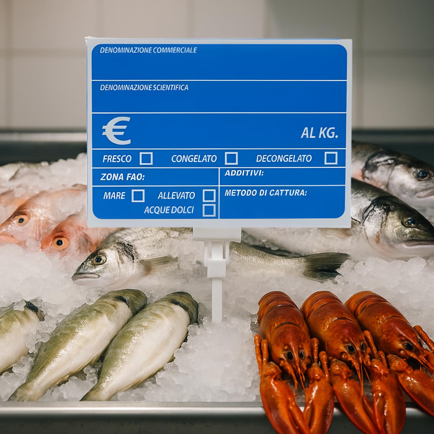 Version 1.0.0 Cartellino PVC per pescheria esposto su banco del pesce con ghiaccio e crostacei